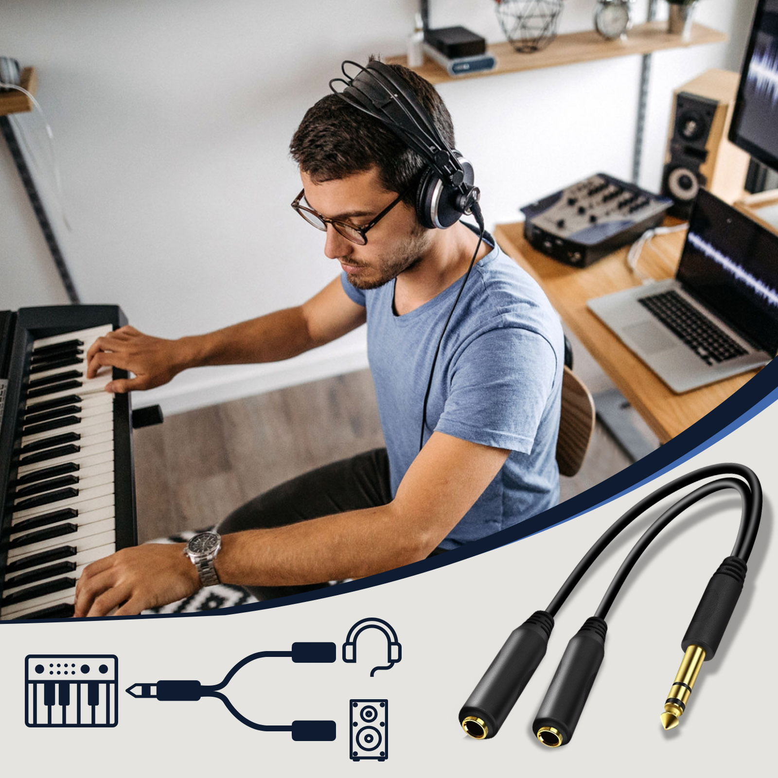 Uomo che suona la tastiera, con le cuffie, con cavi audio e attrezzature sullo sfondo.