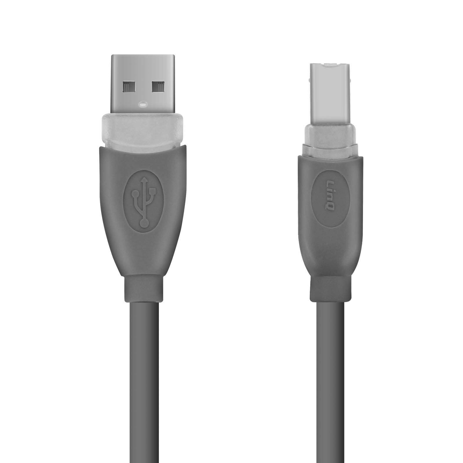Cavo USB grigio con due connettori diversi. Sfondo bianco.