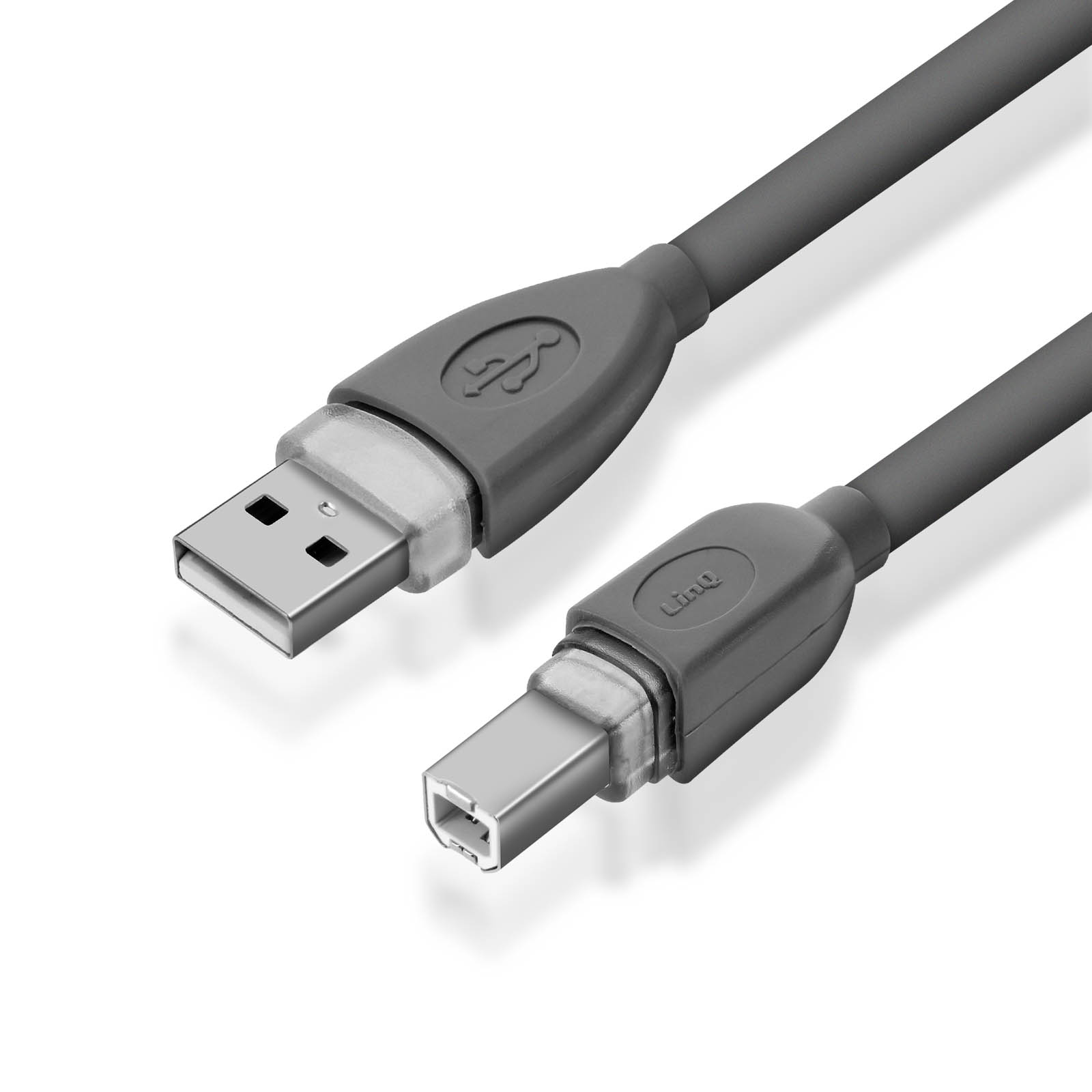Cavo USB grigio con connettori USB-A e USB-B.