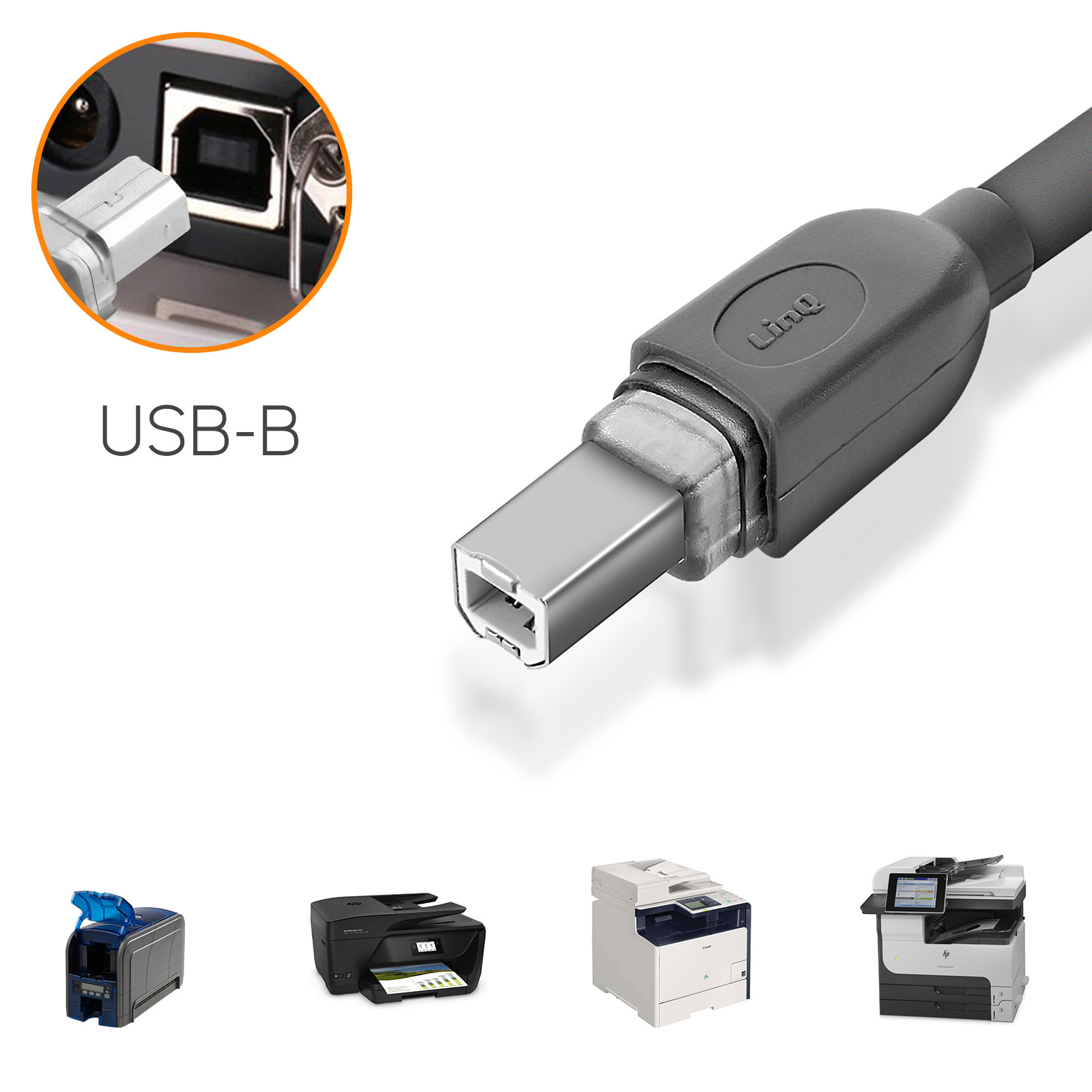 Cavo USB-B con una stampante e altri dispositivi in basso.