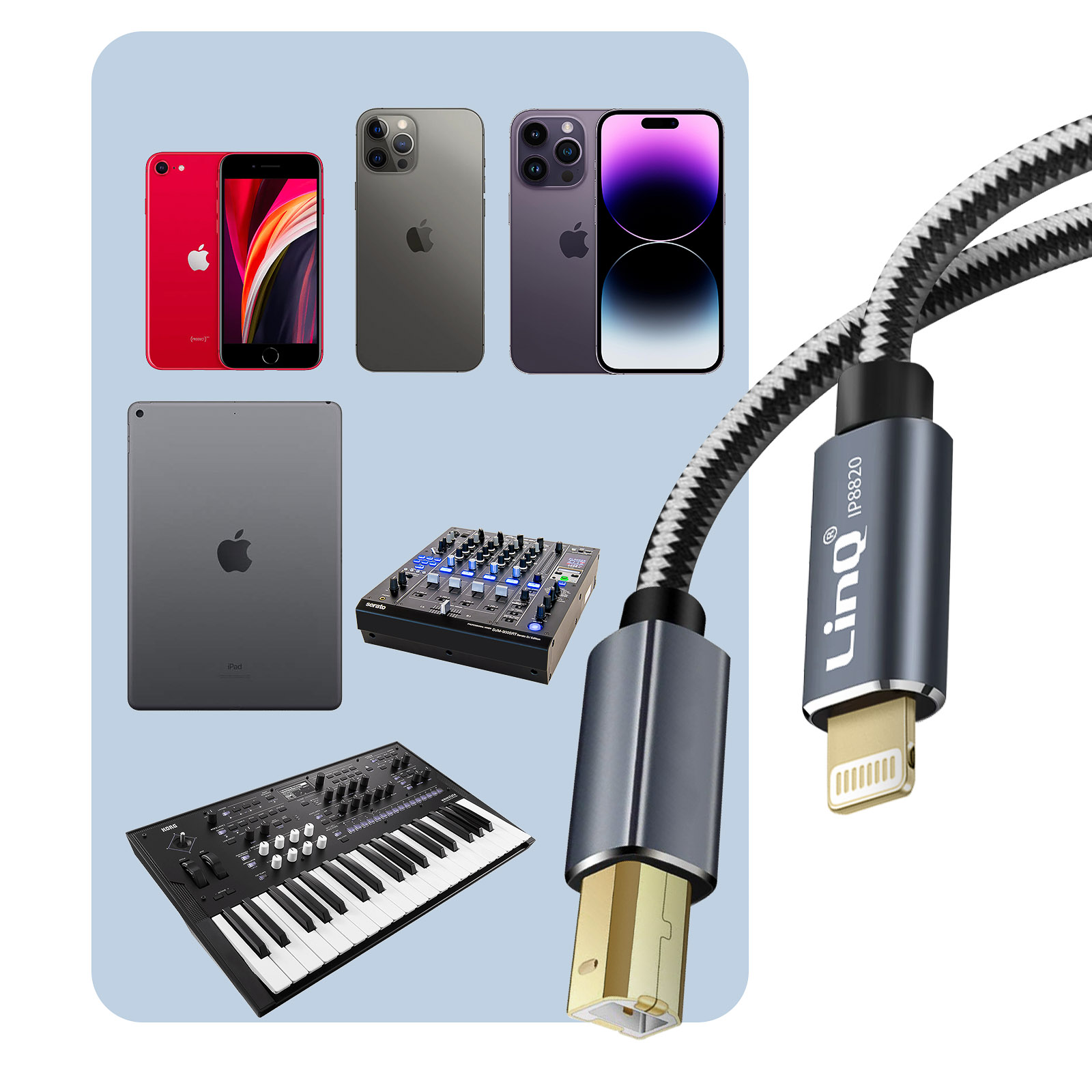 Verschiedene Apple-Geräte und ein Mischpult mit USB-Kabel. Telefone, Tablet, Keyboard.