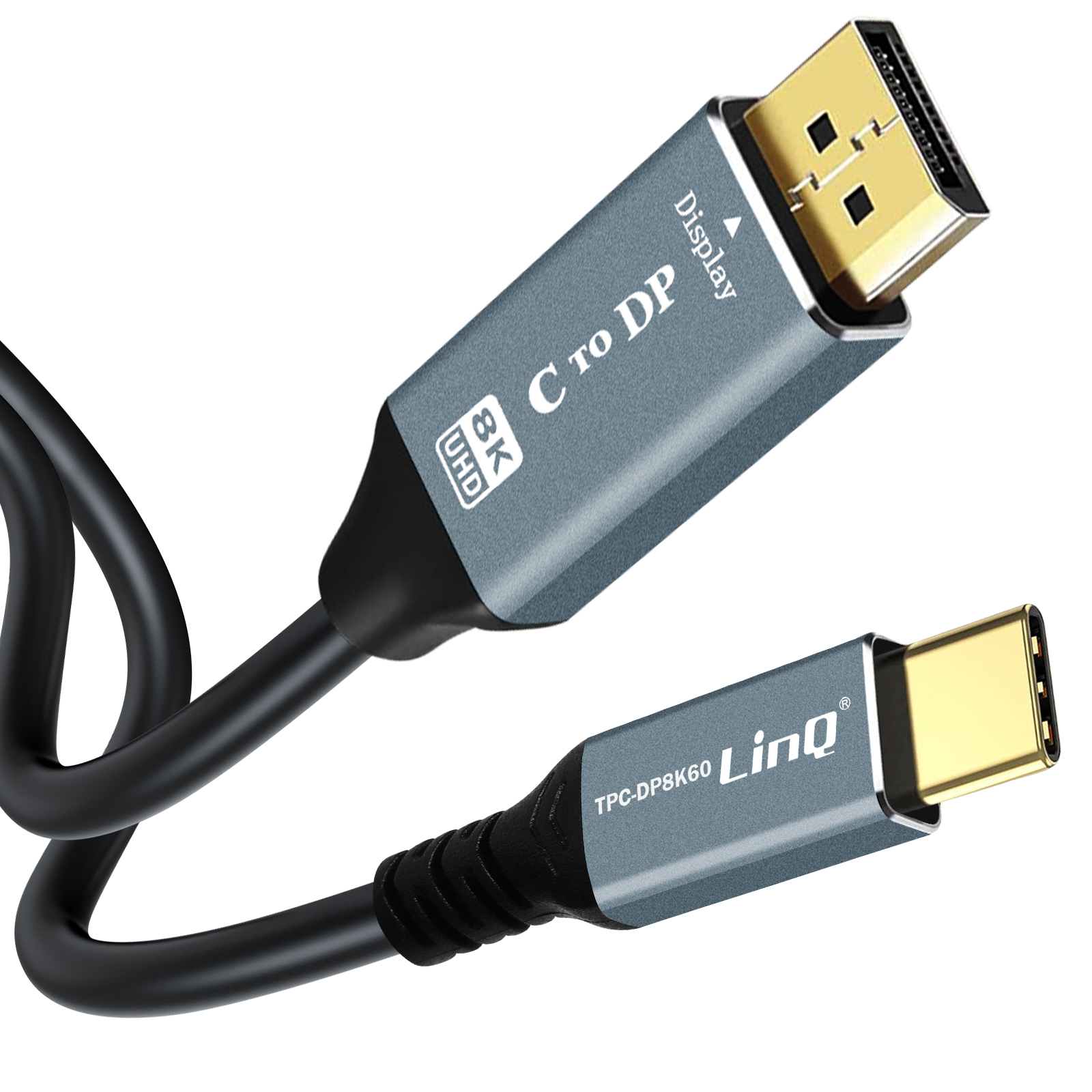 Un cavo grigio con un connettore USB-C a DP 8K, logo DisplayPort. Sfondo bianco.