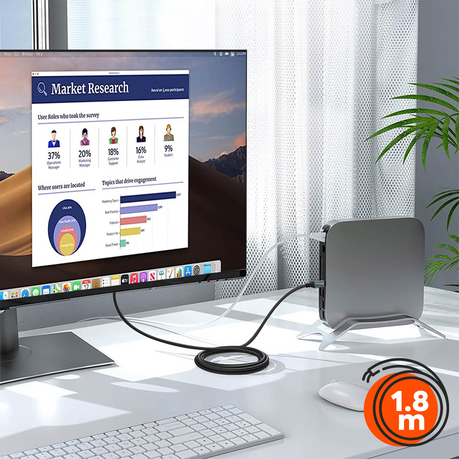 Un setup di computer con un monitor che mostra dati di ricerche di mercato e un piccolo computer sulla scrivania.