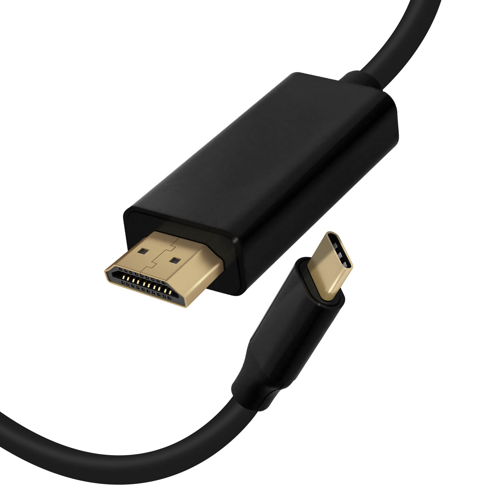 Cavo nero da HDMI a USB-C. Connettore HDMI con pin dorati e connettore USB-C.