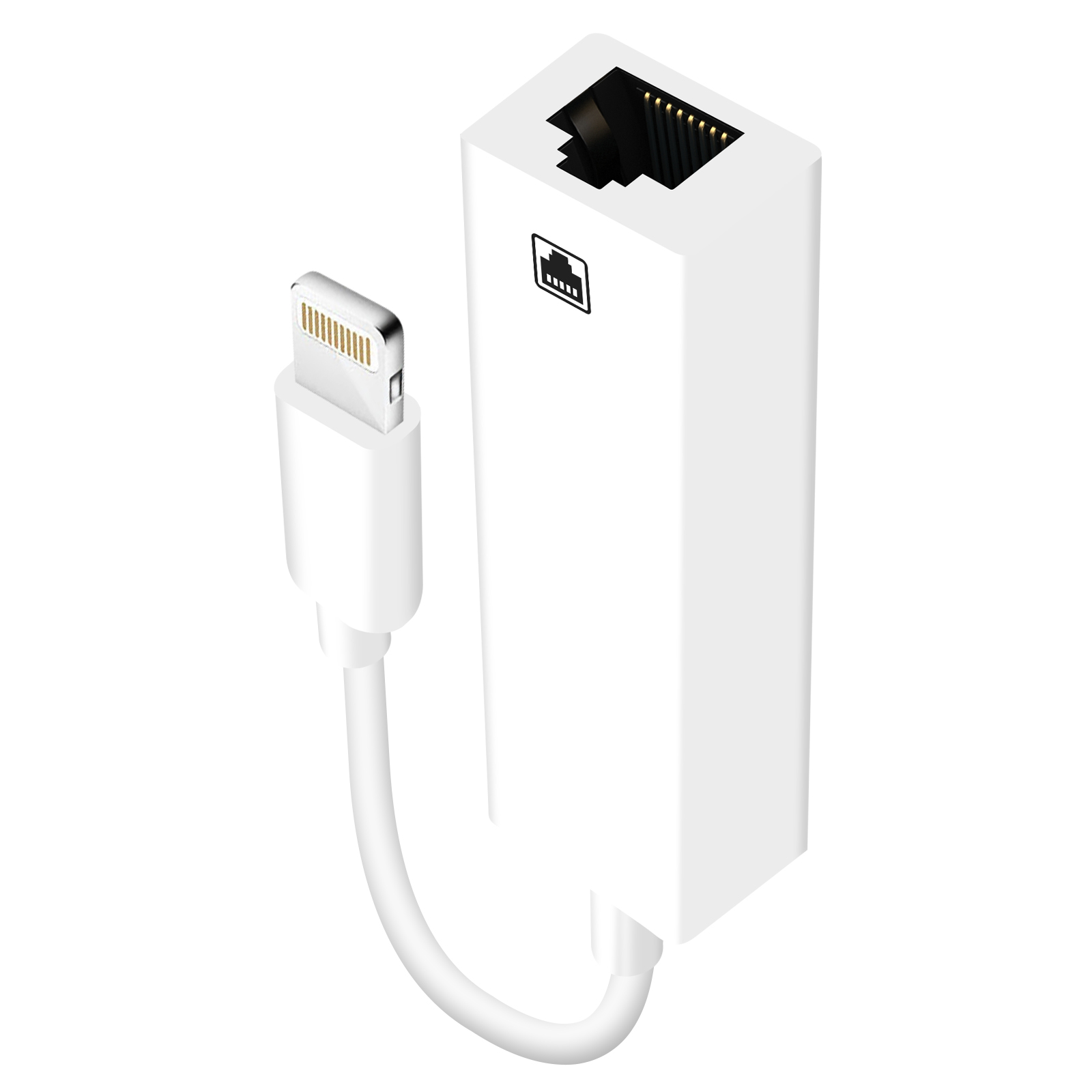 Un adaptateur blanc avec un connecteur Lightning et un port Ethernet.