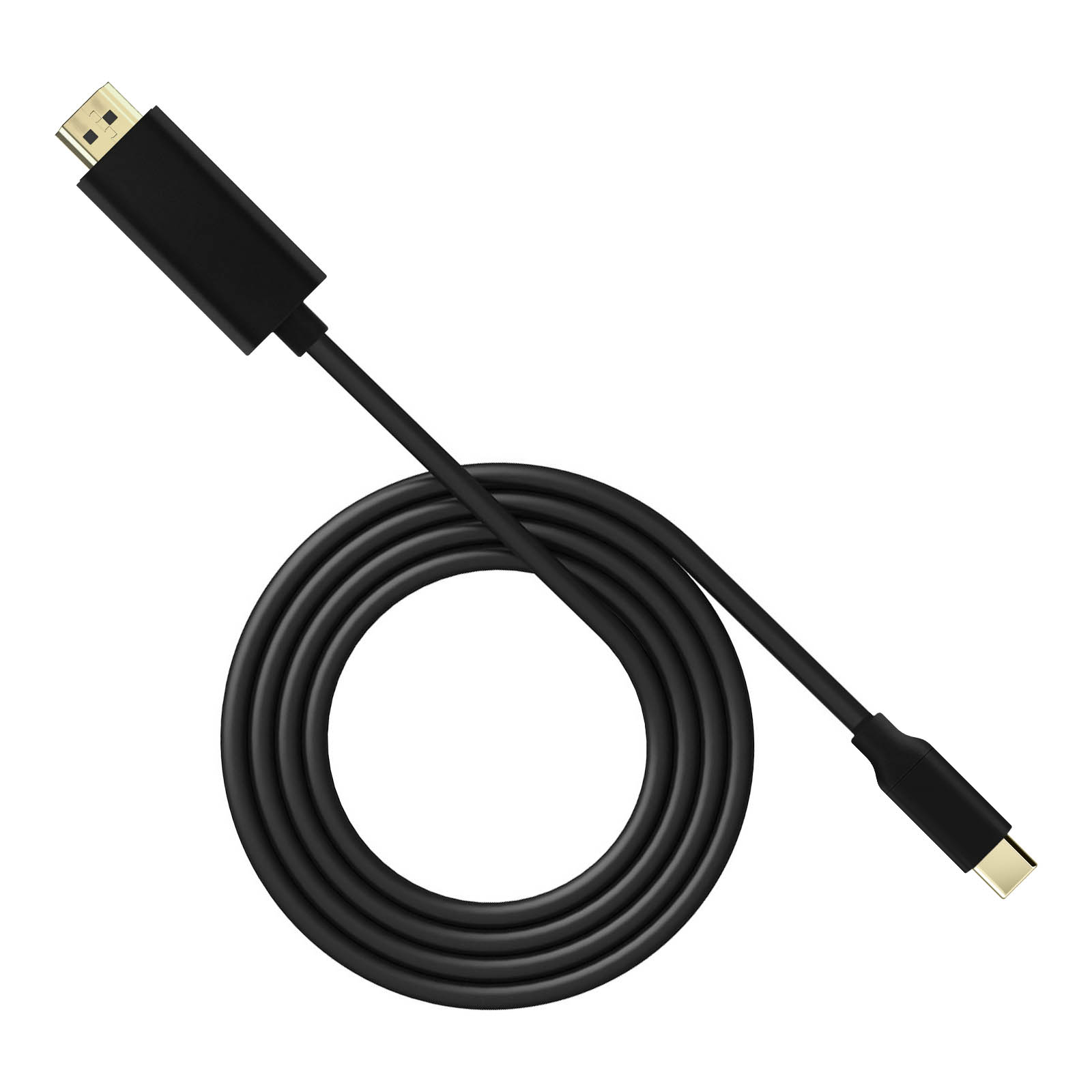 Cavo nero da HDMI a USB-C, arrotolato, su sfondo bianco.