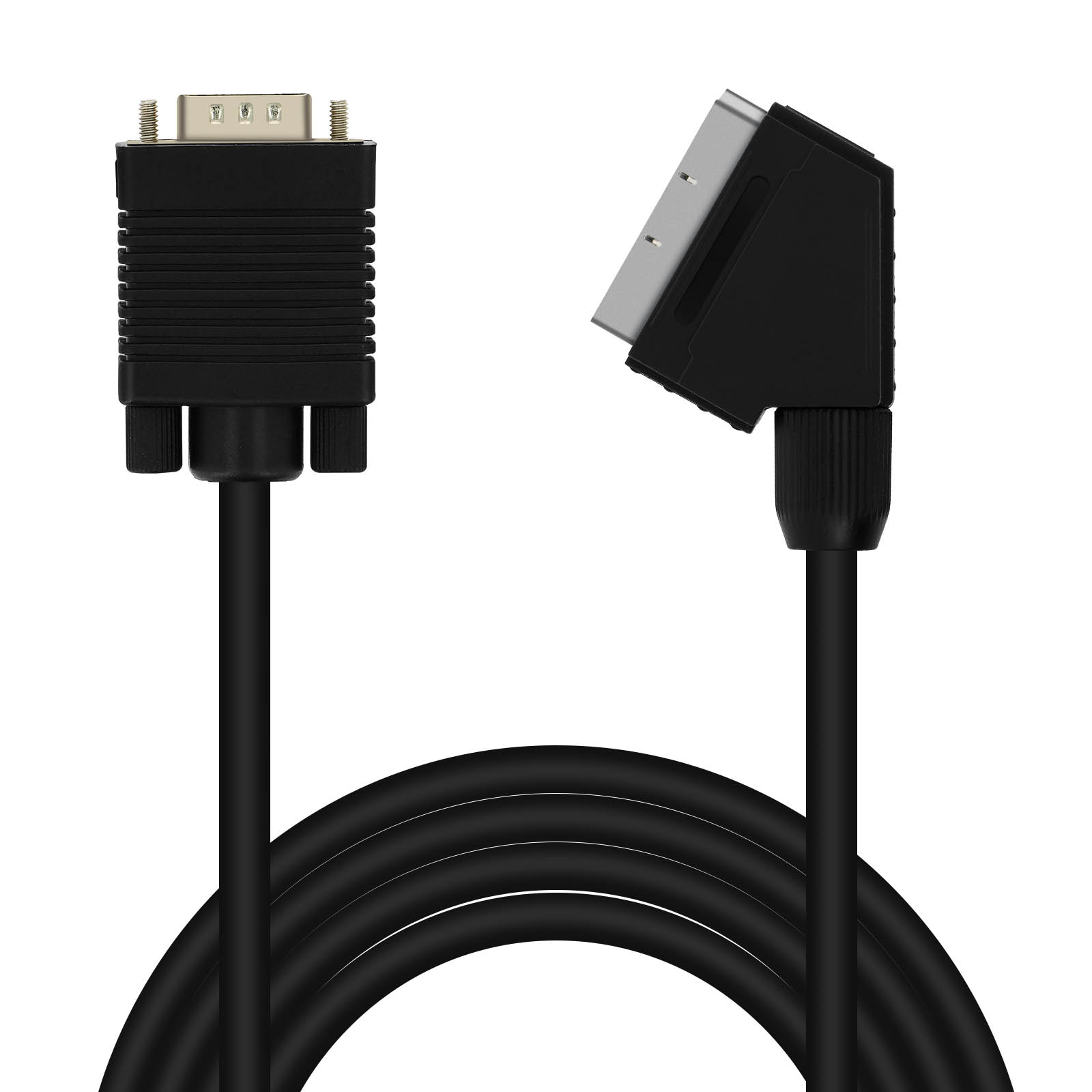Schwarzes Kabel mit VGA- und SCART-Anschlüssen. Die Anschlüsse befinden sich an jedem Ende.