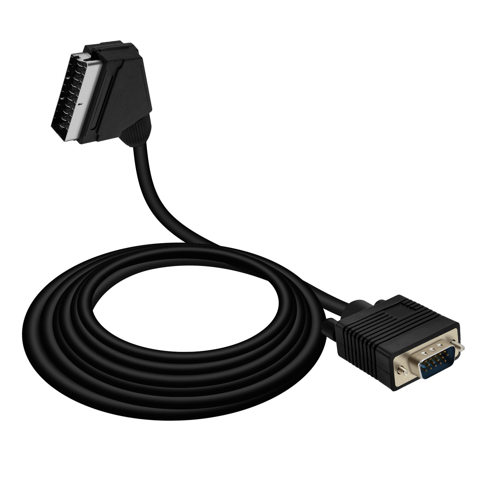 Schwarzes Kabel mit SCART- und VGA-Anschlüssen, weißer Hintergrund.