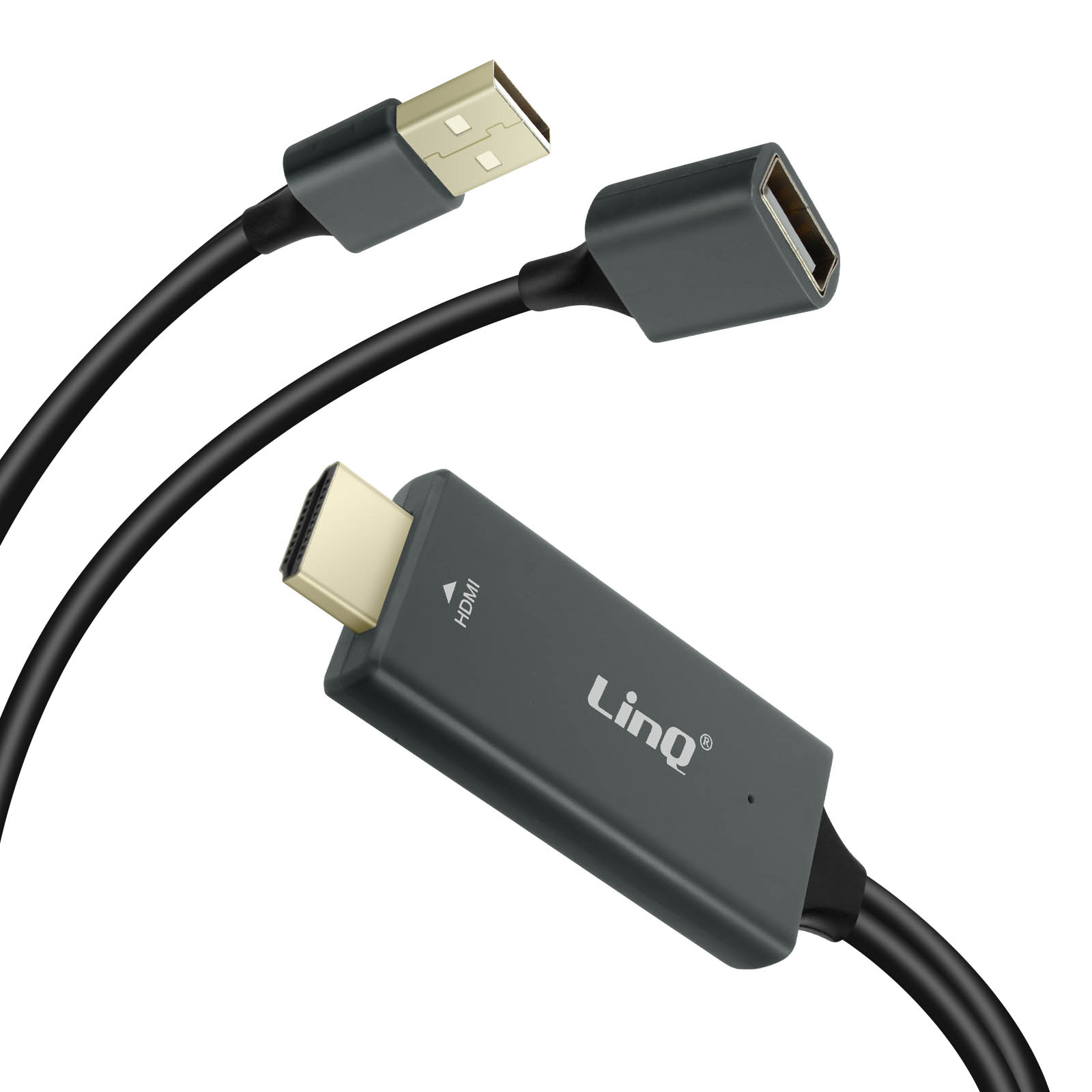Cavi HDMI e USB collegati a una scatola grigia. La scatola ha la scritta 'LiNQ'.