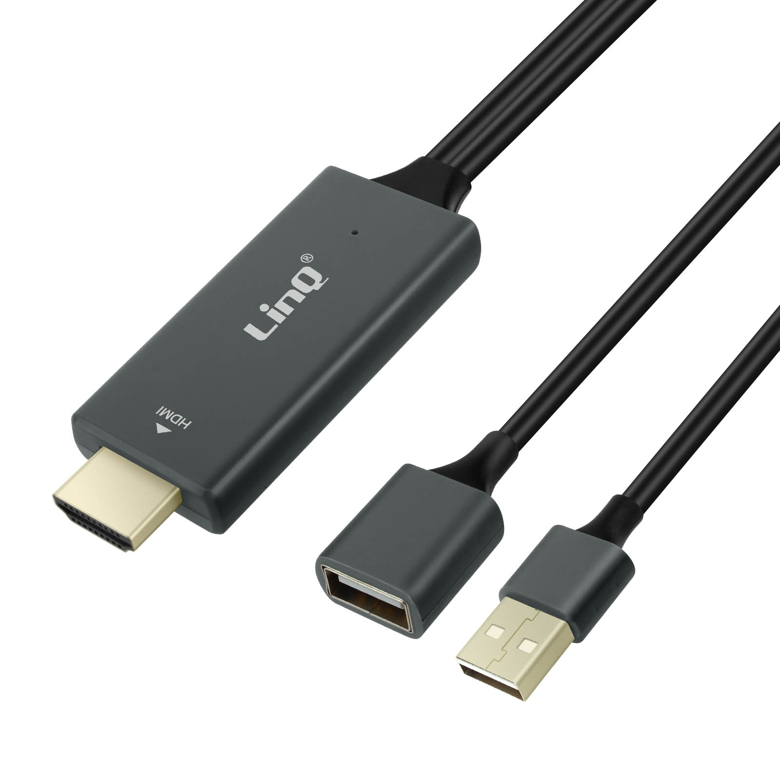 Un adattatore da HDMI a USB grigio con due cavi neri.