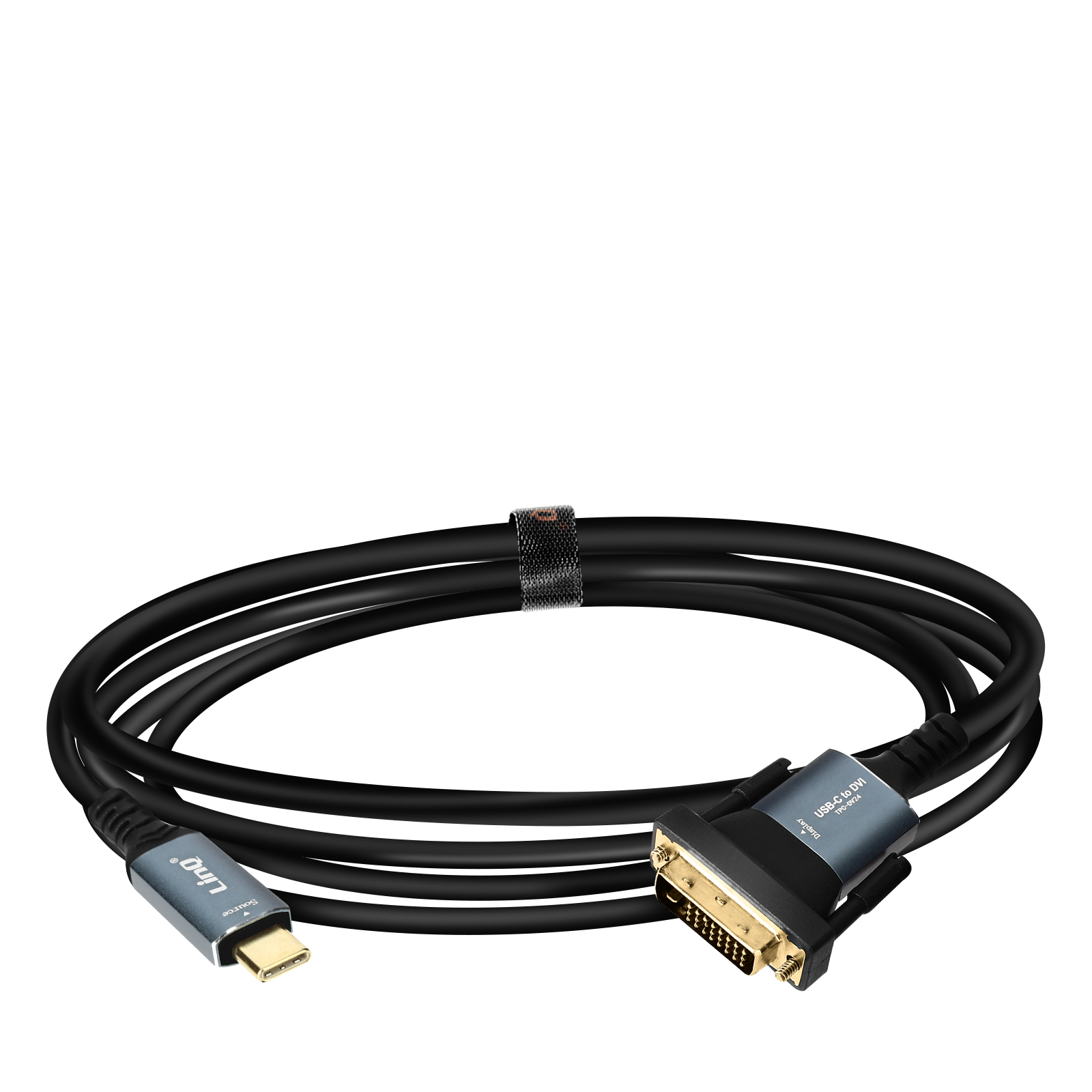 USB-C-zu-DVI-Kabel mit schwarzem Kabelbinder.