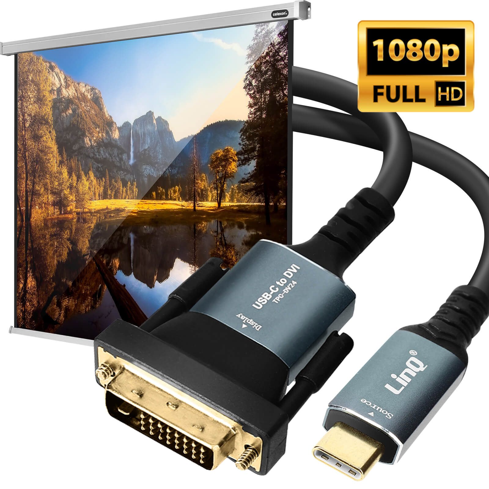 Projektionsleinwand und USB-C-zu-DVI-Kabel mit Anschlüssen, 1080p FULL HD.
