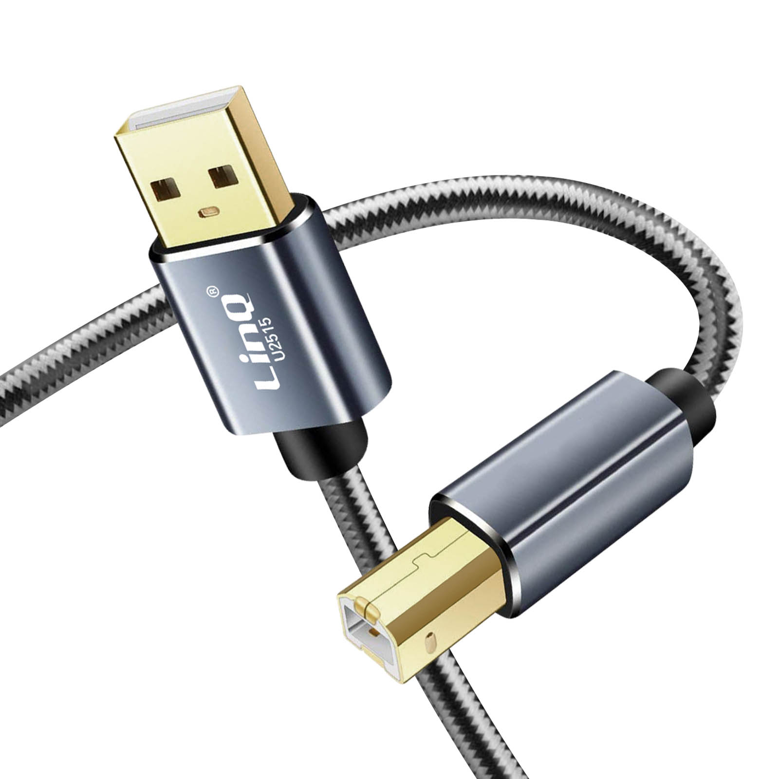 Cavo USB con connettore dorato e cavo grigio intrecciato. Sfondo grigio.