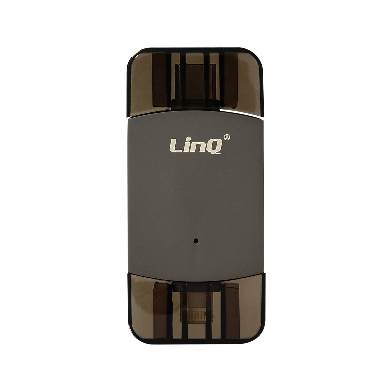 Un adaptateur USB-C LinQ gris foncé est affiché. L'adaptateur a une forme arrondie.