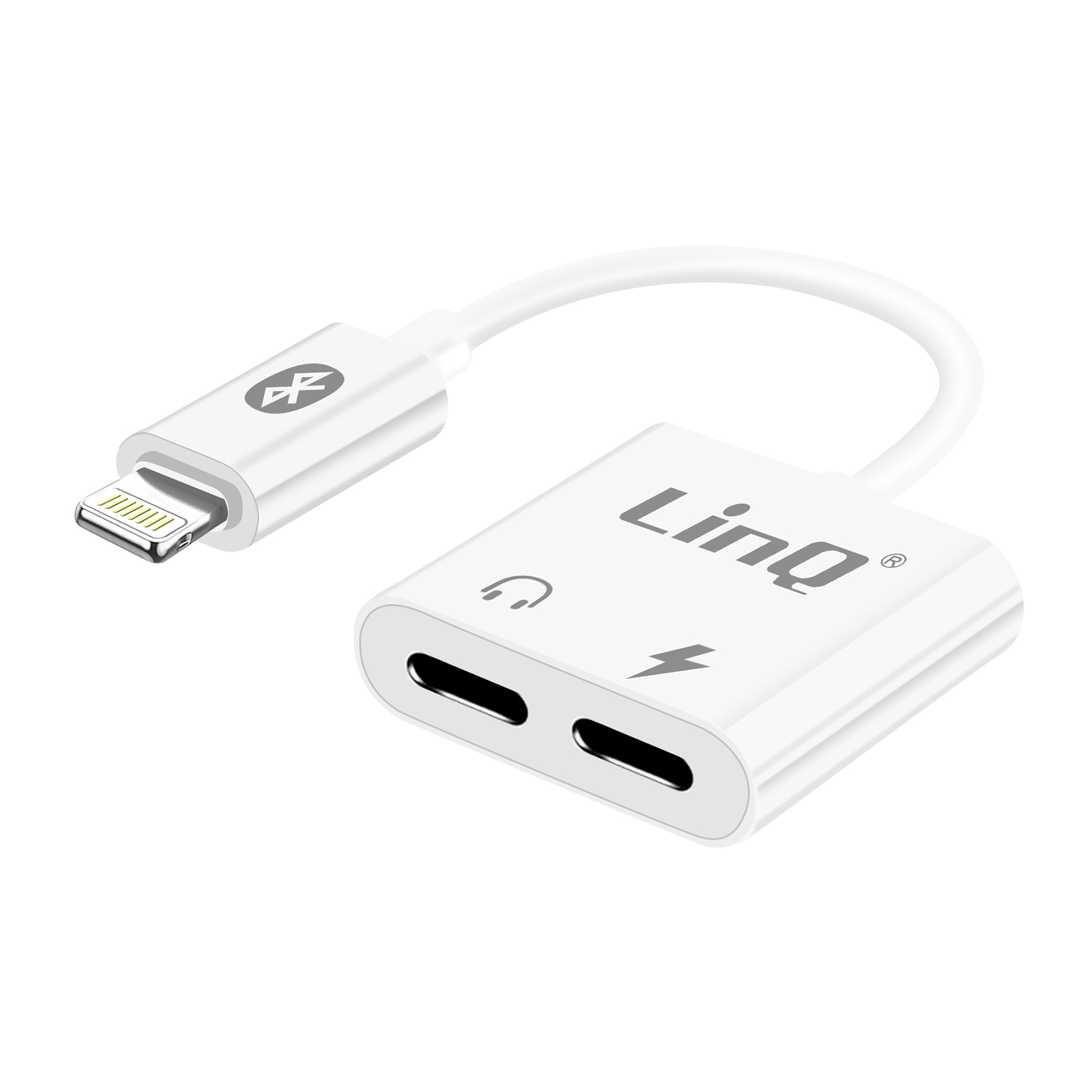 Weißer Audioadapter mit Lightning-Anschluss und dualem Audioanschluss.