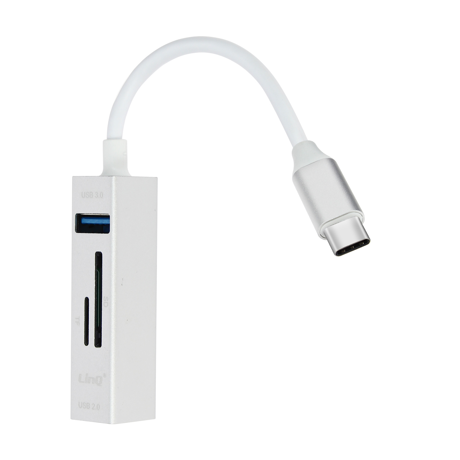 Hub USB argento con porte USB 3.0 e USB 2.0. Cavo bianco.