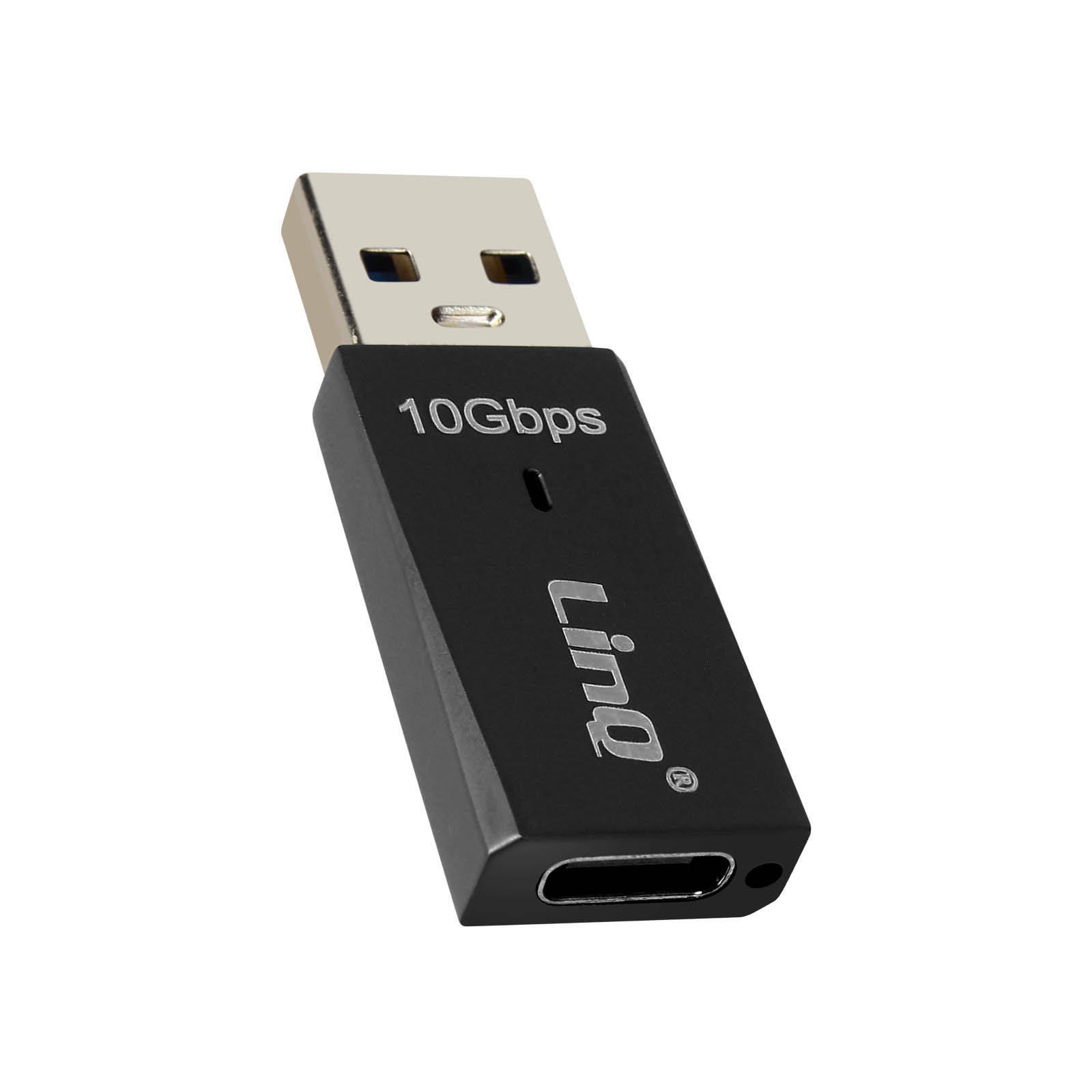 Adattatore USB-C nero. Ha la scritta "Linq" e il testo "10 Gbps" visibile.