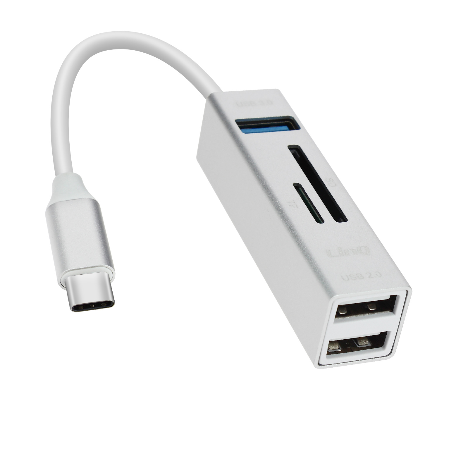 Un hub USB argentato con porte USB e un connettore USB-C.