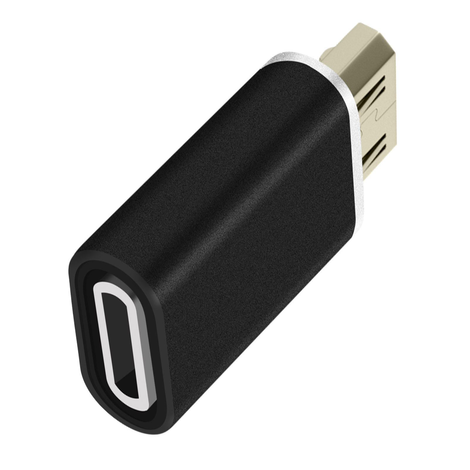 Adaptateur USB-C noir. Cylindrique avec intérieur blanc et ouverture à une extrémité.