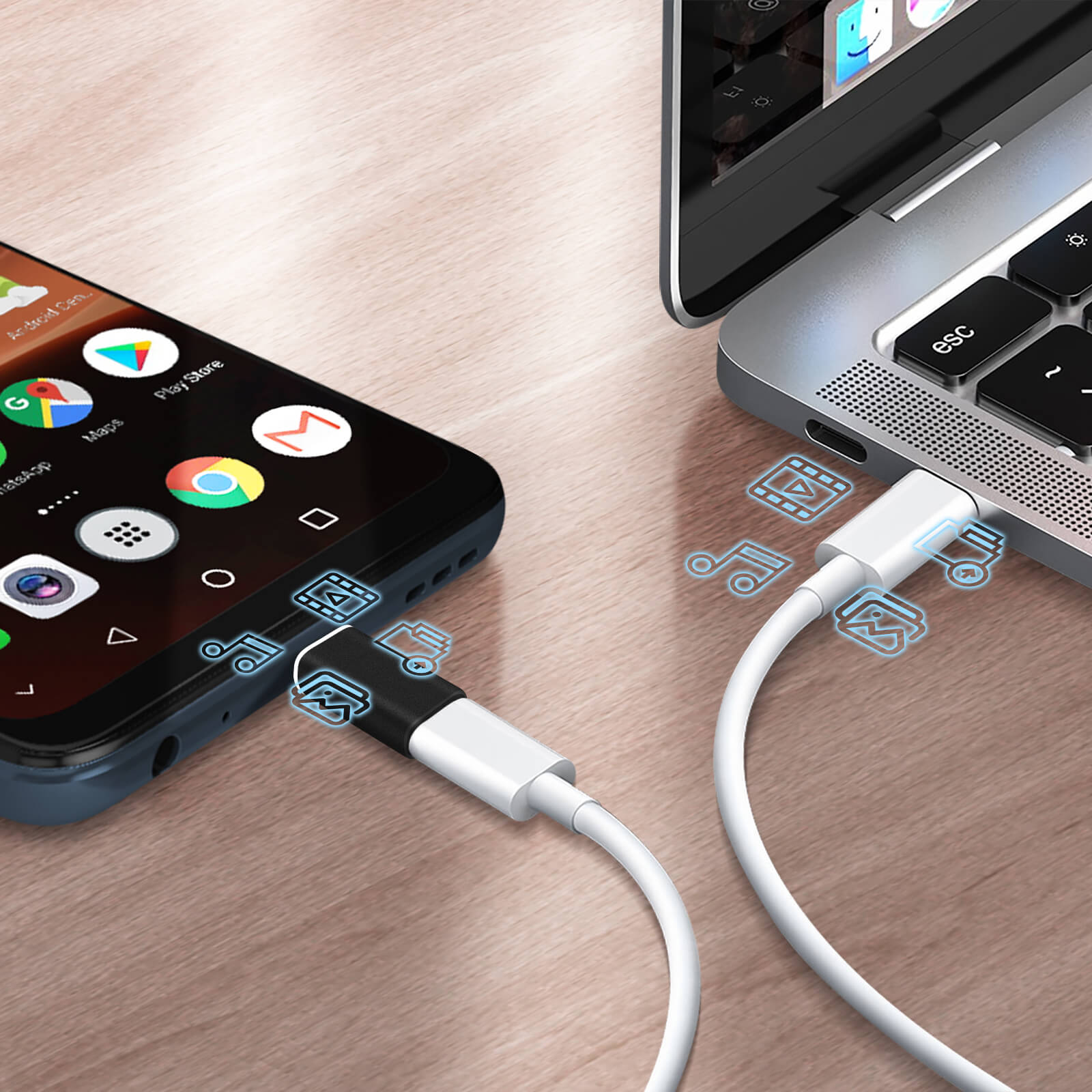 Un téléphone connecté à un ordinateur portable avec un câble blanc.
