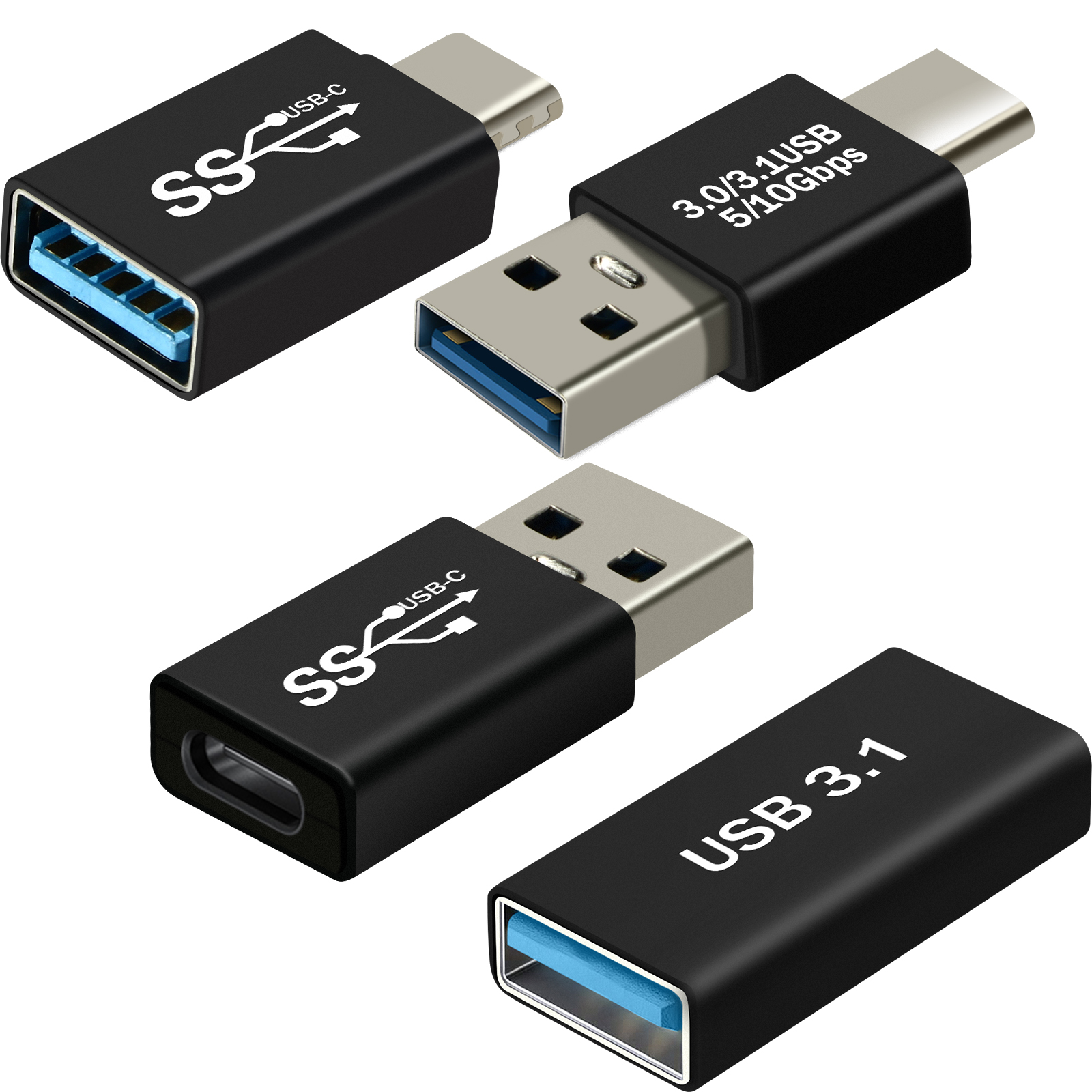 Tre adattatori USB neri, con connettori USB-C e USB 3.1. Gli adattatori hanno testo bianco.