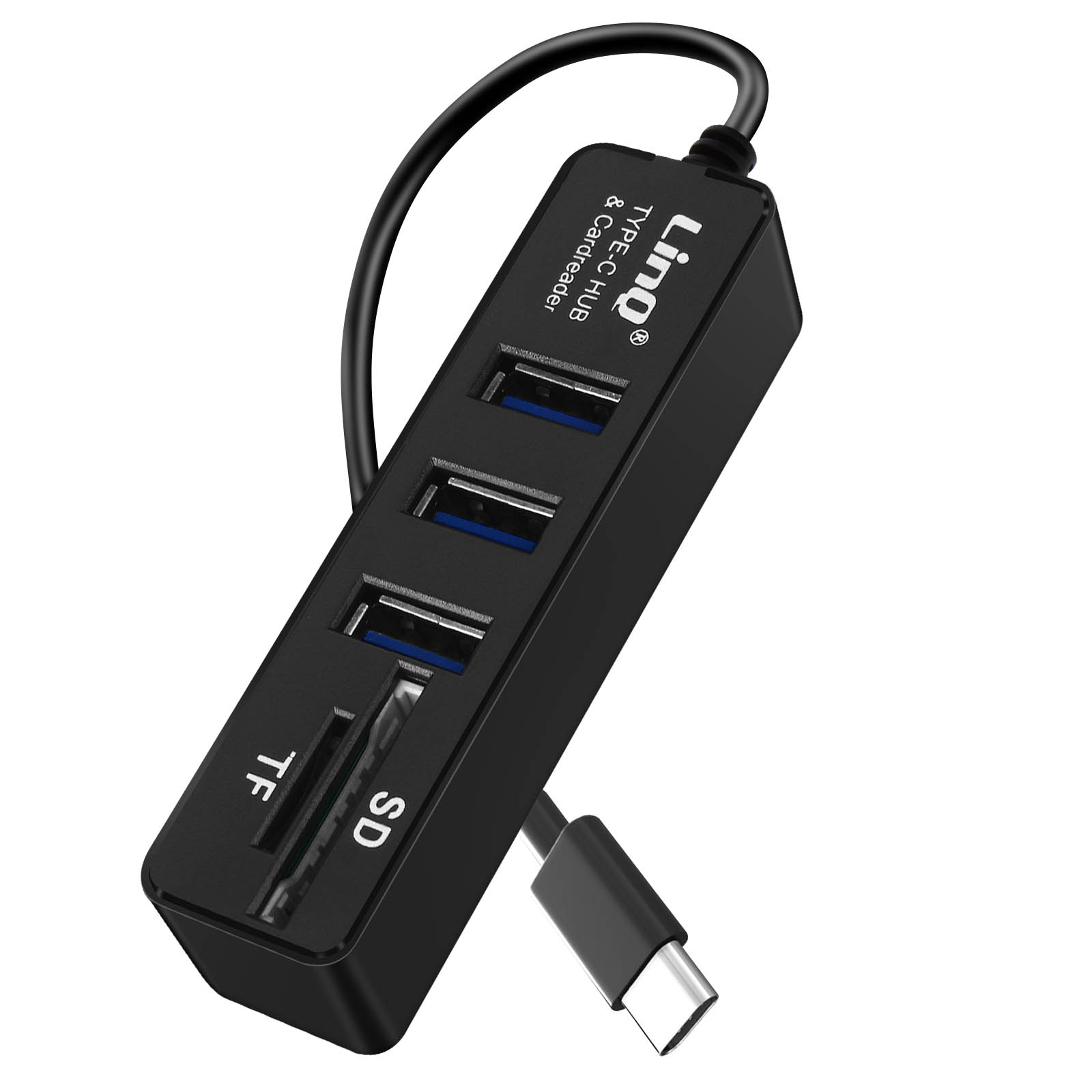Hub USB Type-C nero con tre porte USB, uno slot per schede SD e uno slot per schede TF.