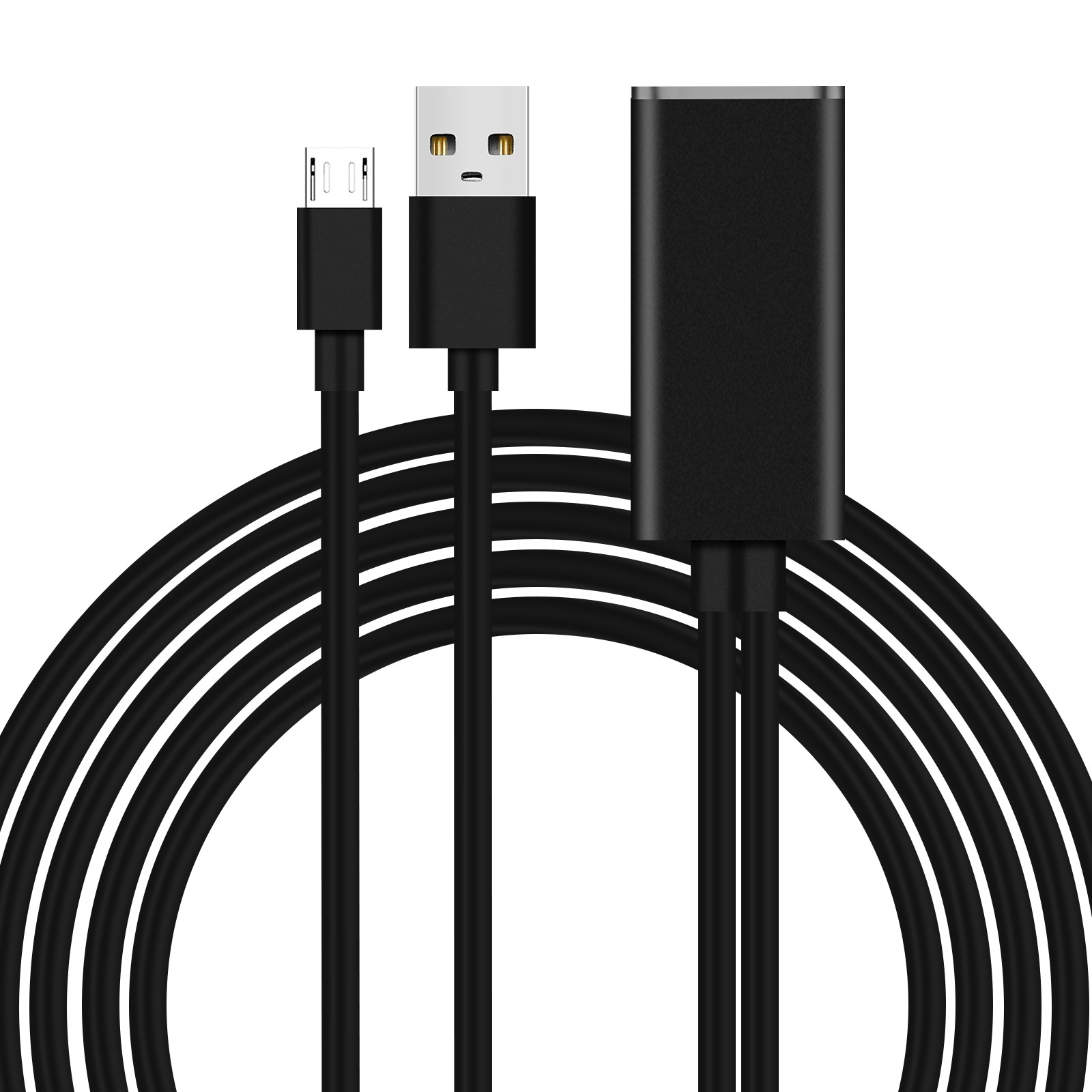 Cavo nero con USB-A, micro USB e un adattatore rettangolare nero, su bianco.