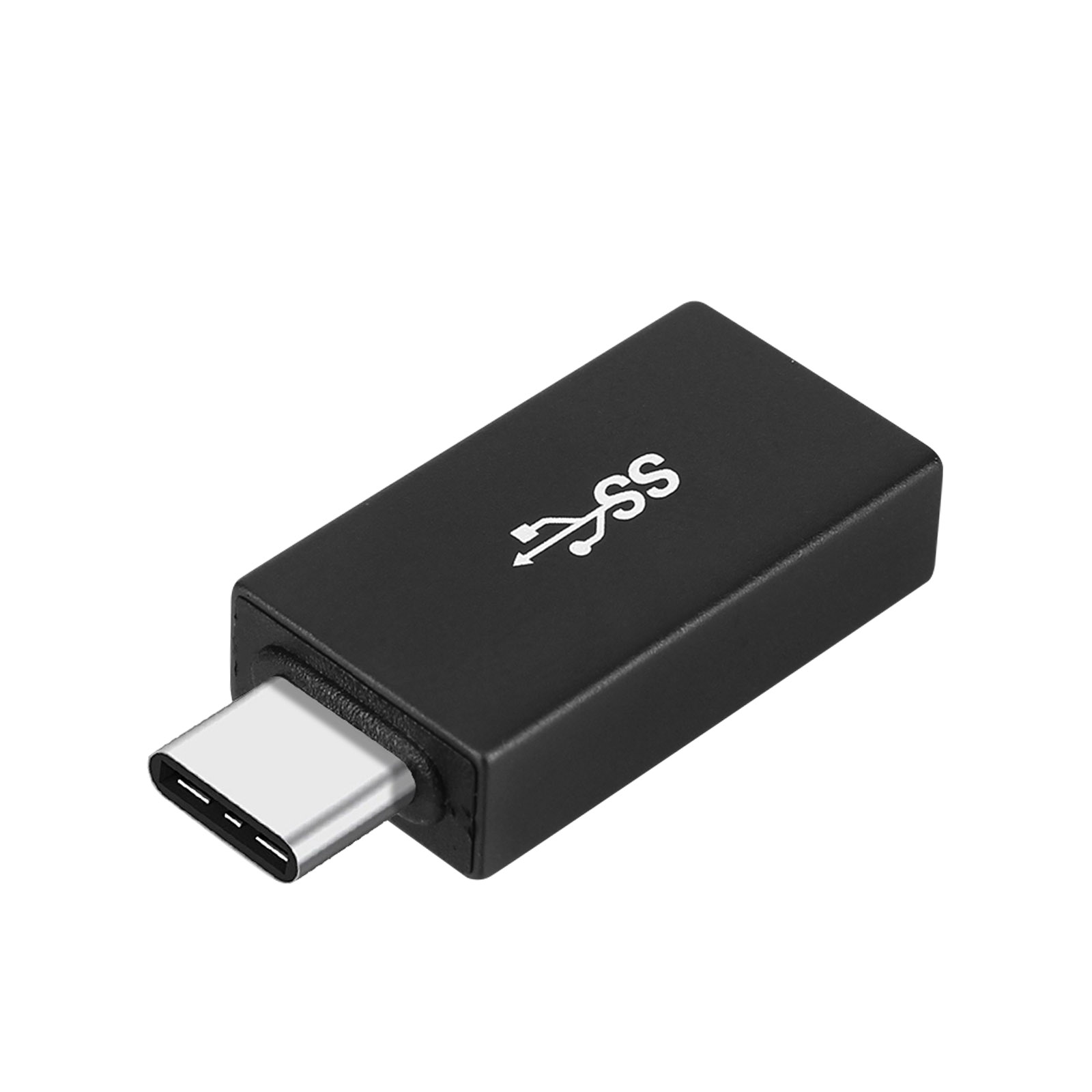 Adattatore USB-C nero con logo bianco. Sfondo bianco.