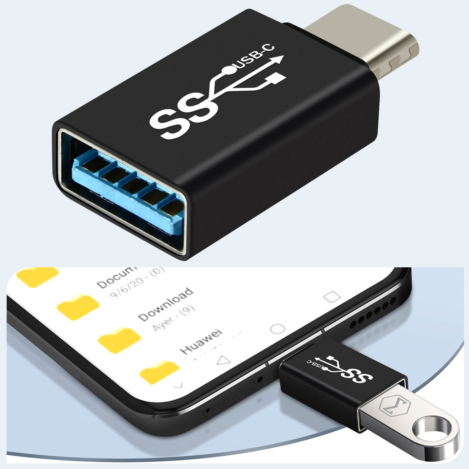 Adattatore da USB-C a USB. È collegato a un telefono, che mostra i file.