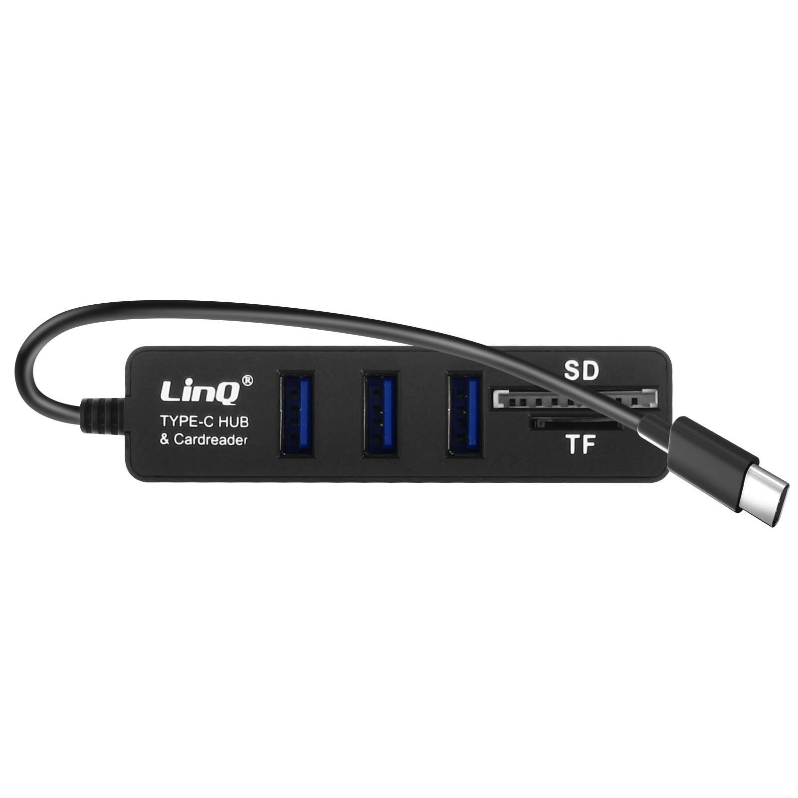 Hub USB nero con 3 porte e slot per schede SD/TF, collegato a un cavo.