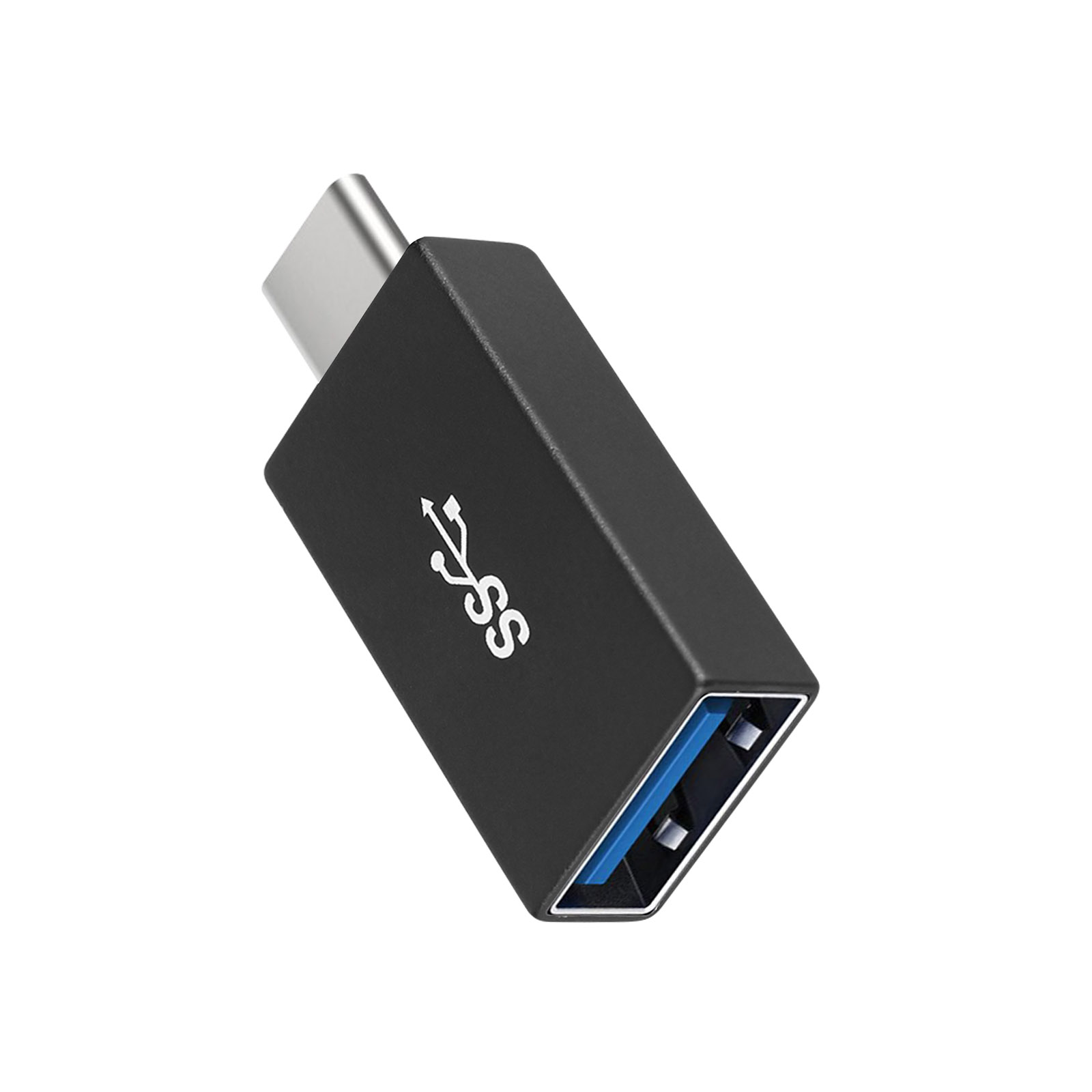Adattatore USB-C a USB nero. Corpo nero con porta USB e connettore USB-C.