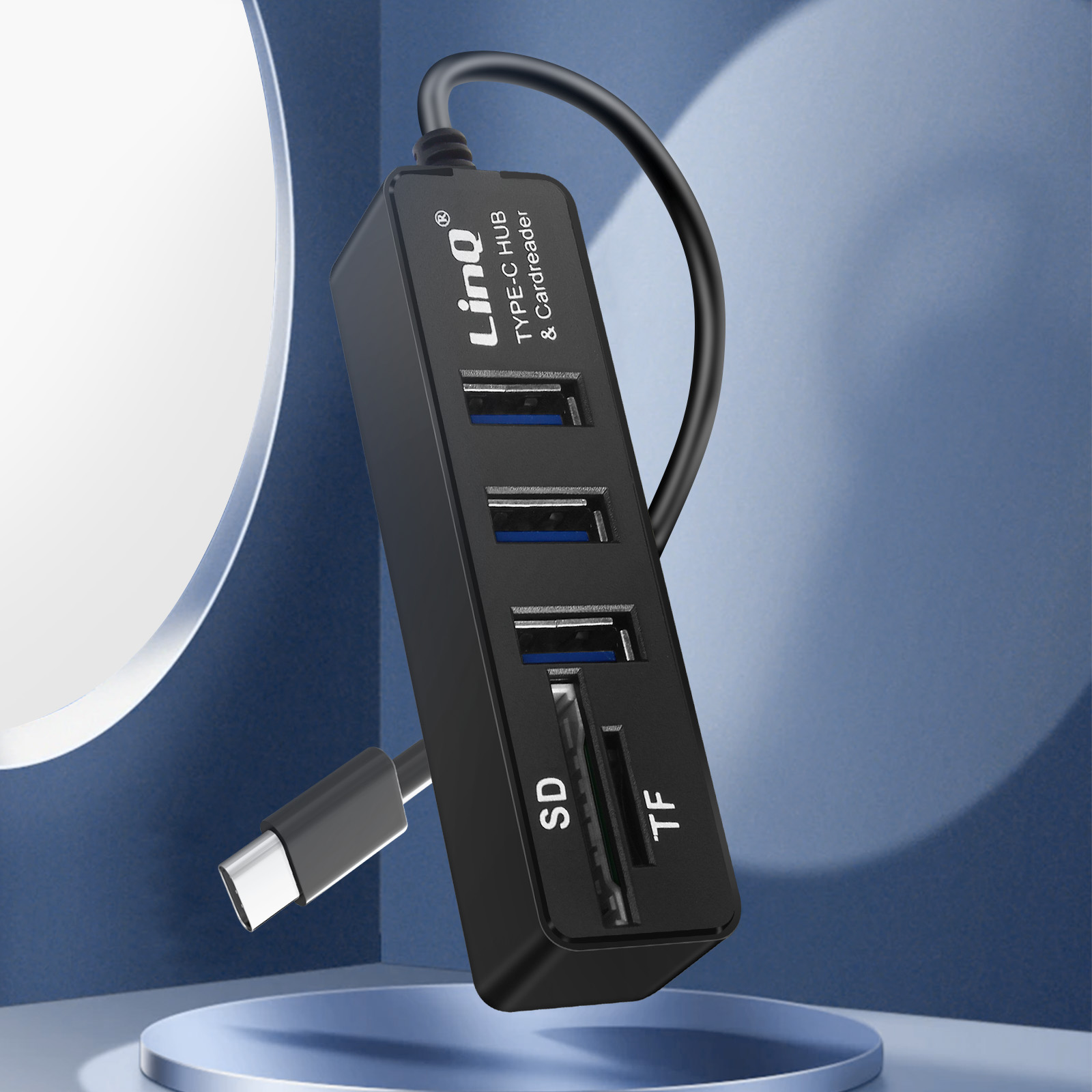 Un hub USB nero con più porte. Include slot per lettore di schede USB, SD e TF.
