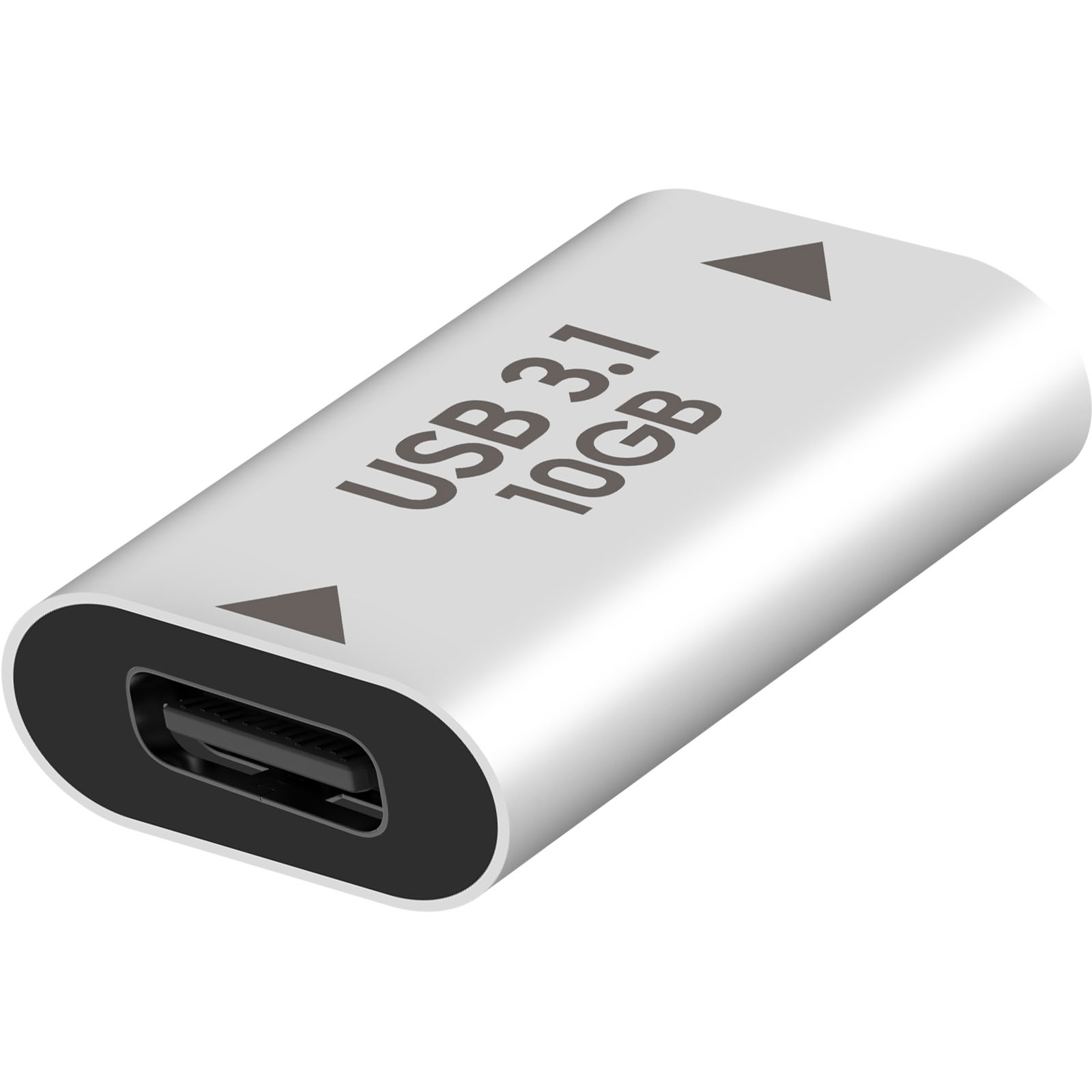 Un connettore USB 3.1 10GB argentato. Ha forma ovale con una porta USB sul lato, due frecce sulla parte superiore.