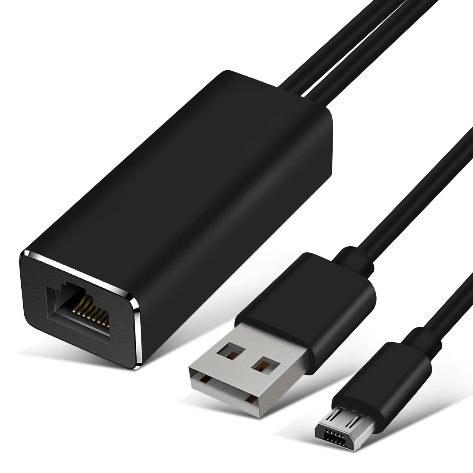 Adattatore da Ethernet a USB nero con connettori USB e micro-USB.