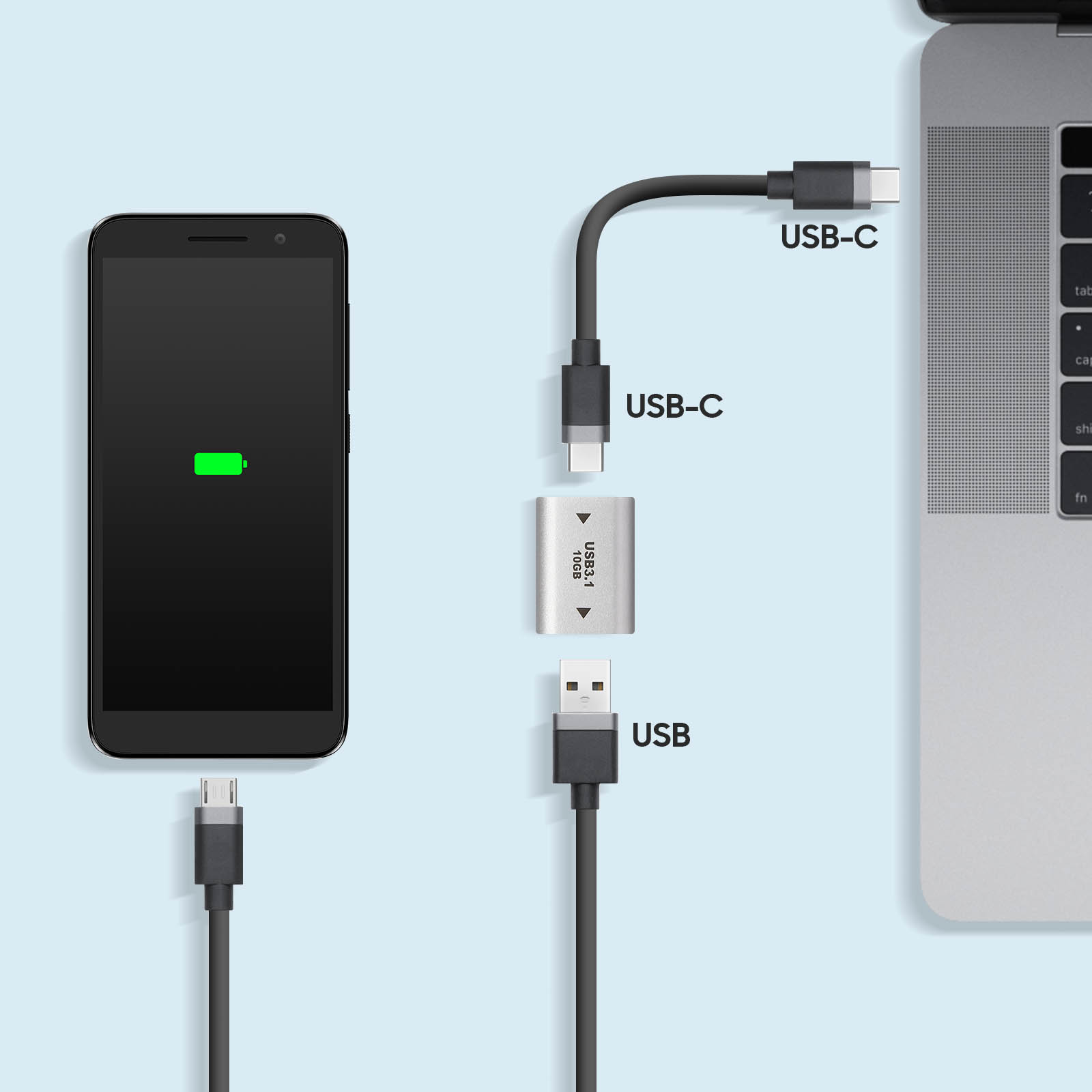 Smartphone in carica accanto a un laptop, collegato tramite un adattatore USB-C e un cavo USB.