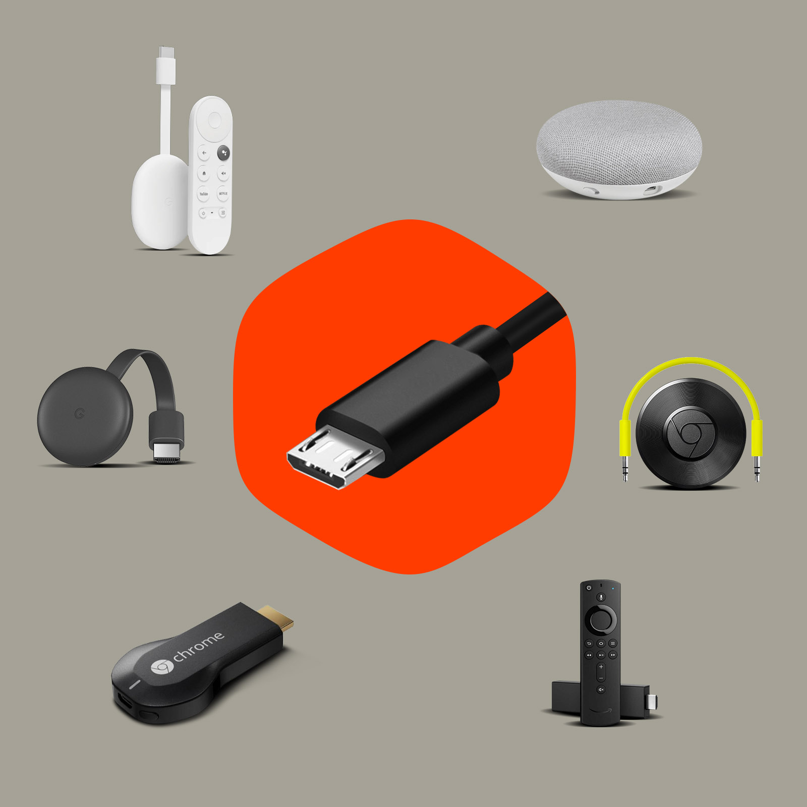 Diversi dispositivi e accessori per lo streaming, tra cui Chromecast, telecomando e altoparlante.