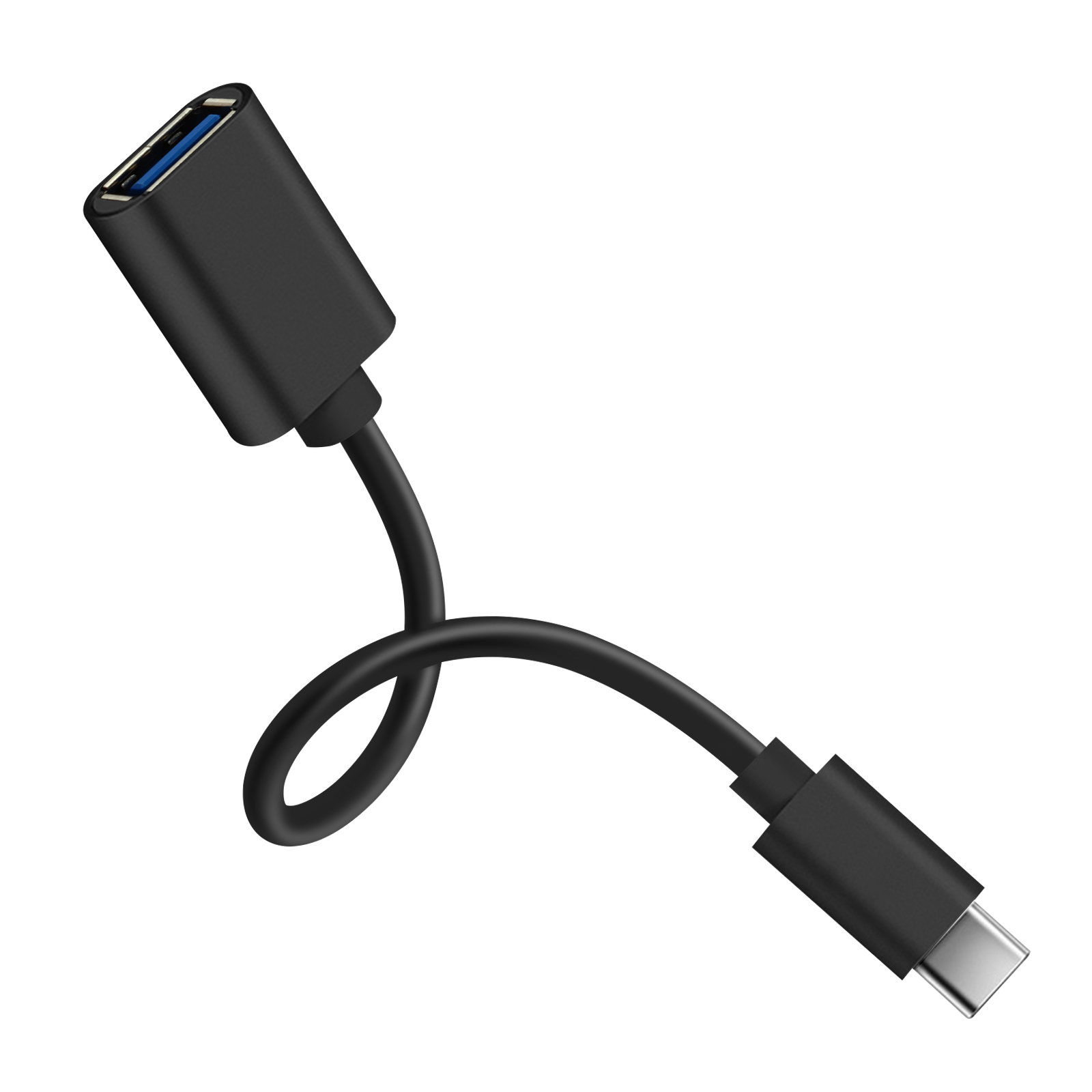 Cavo adattatore da USB a USB-C nero su sfondo bianco. Connettori neri.