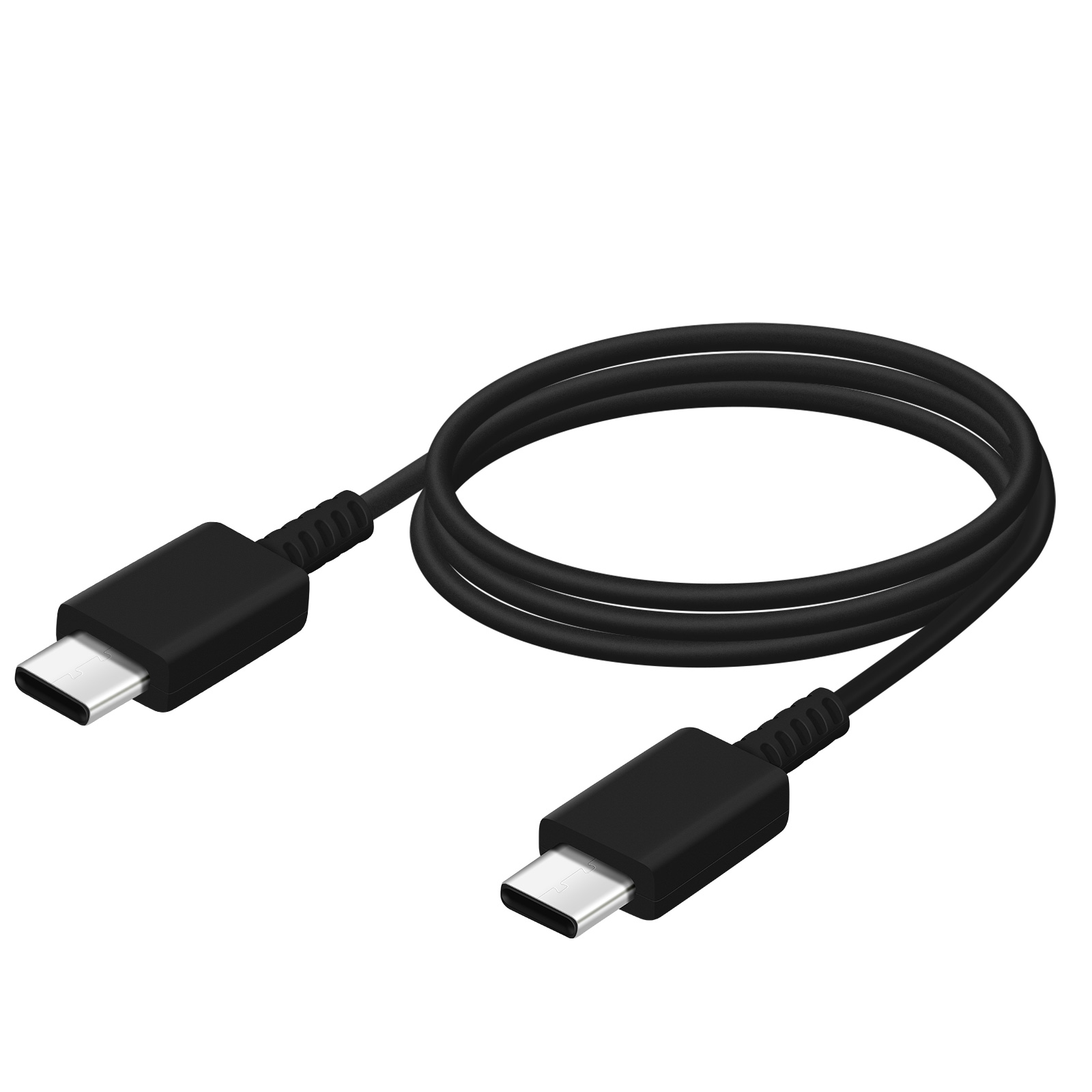 Cavo USB-C nero con due connettori, su sfondo bianco.