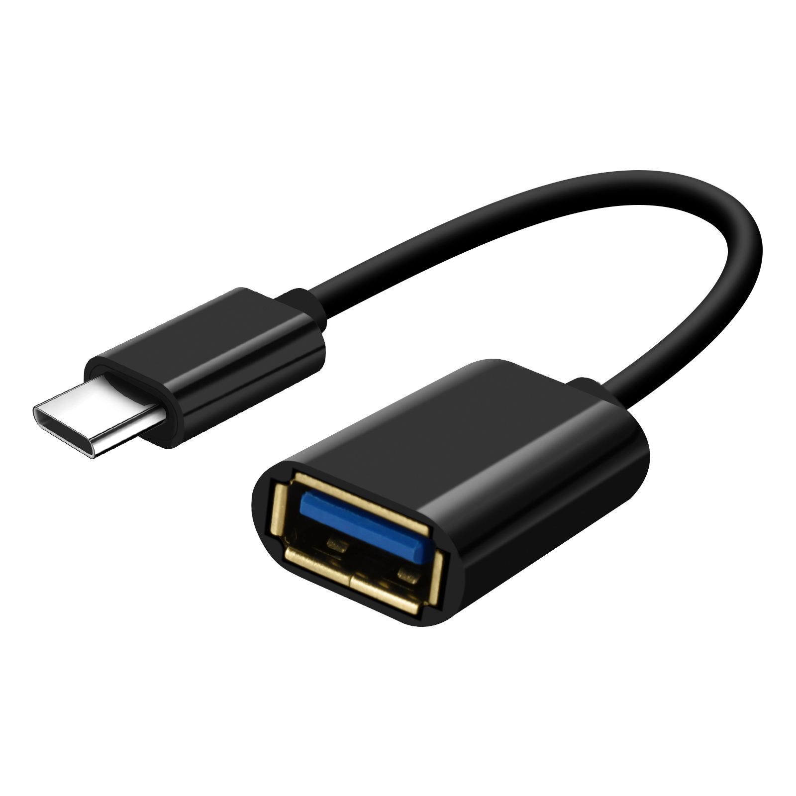 Adattatore USB-C a USB nero. Connettore USB-C a sinistra, USB-A a destra.