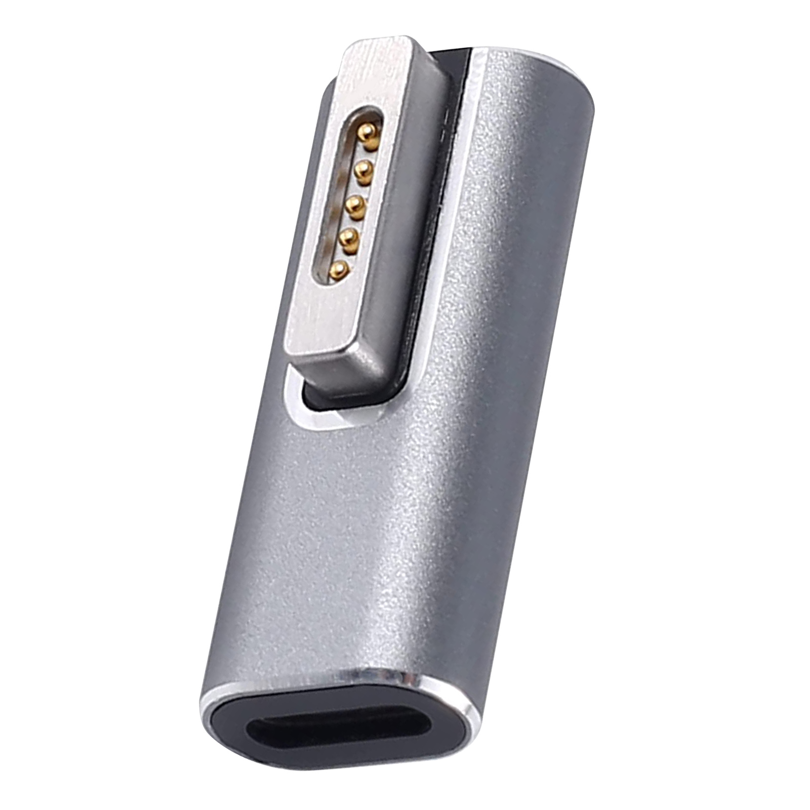 Silberner USB-C-Adapter mit Magnetanschluss. Mit goldenen Pins und grauem Gehäuse.