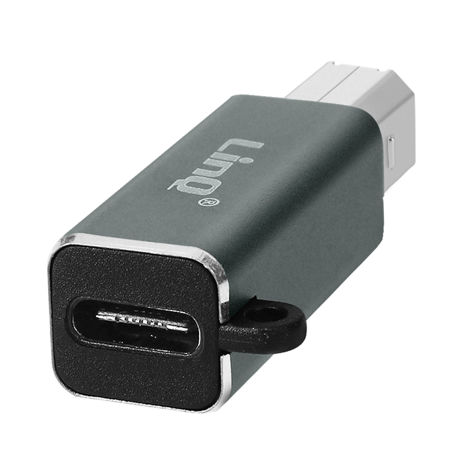 Adattatore da USB-C a USB-C grigio scuro con la scritta "Linq" sul lato.