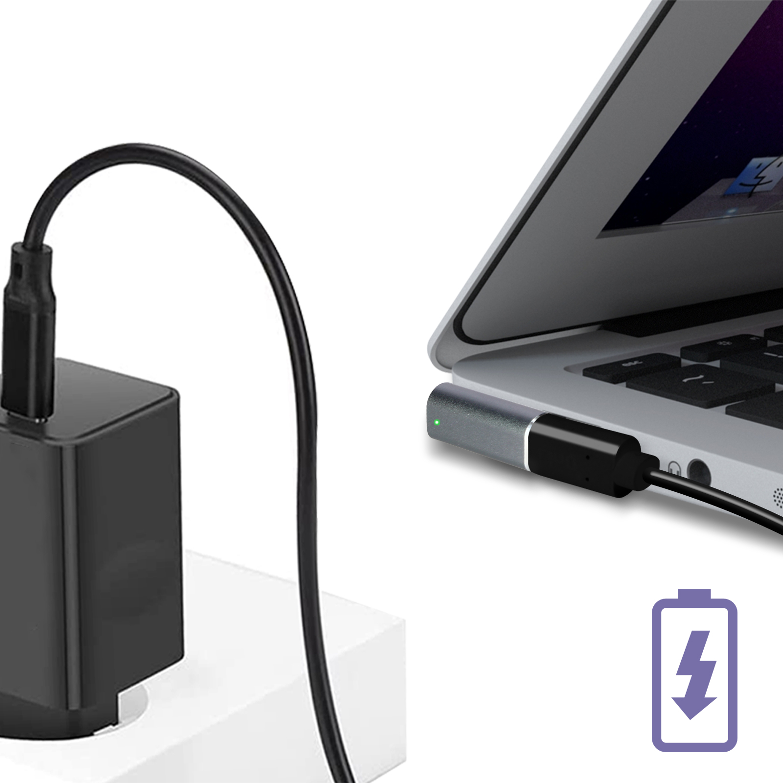 Laptop wird mit einem schwarzen Ladegerät geladen. Der Ladeanschluss befindet sich an der Seite des Laptops.