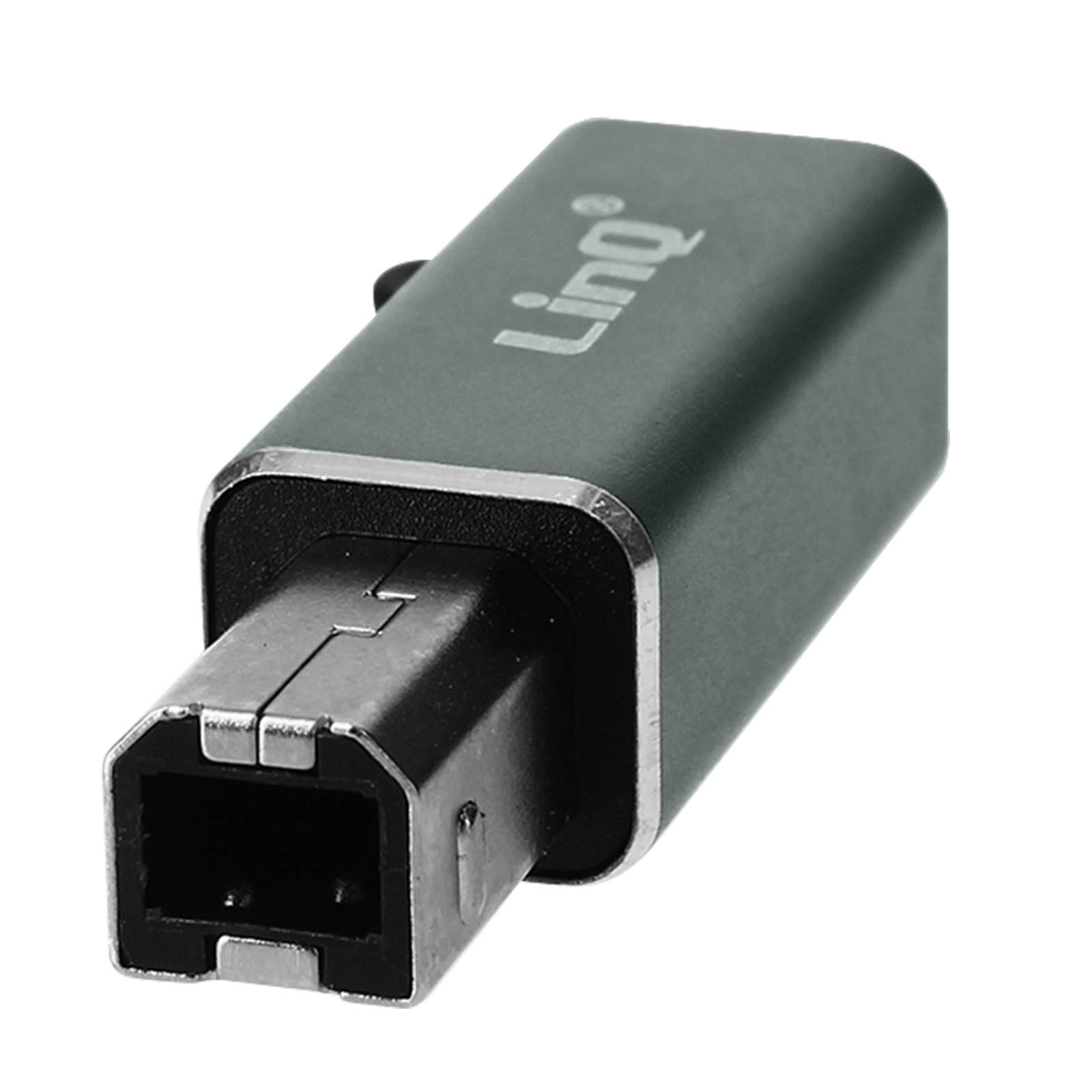 Adattatore USB grigio scuro con porta, marchio "Linq".