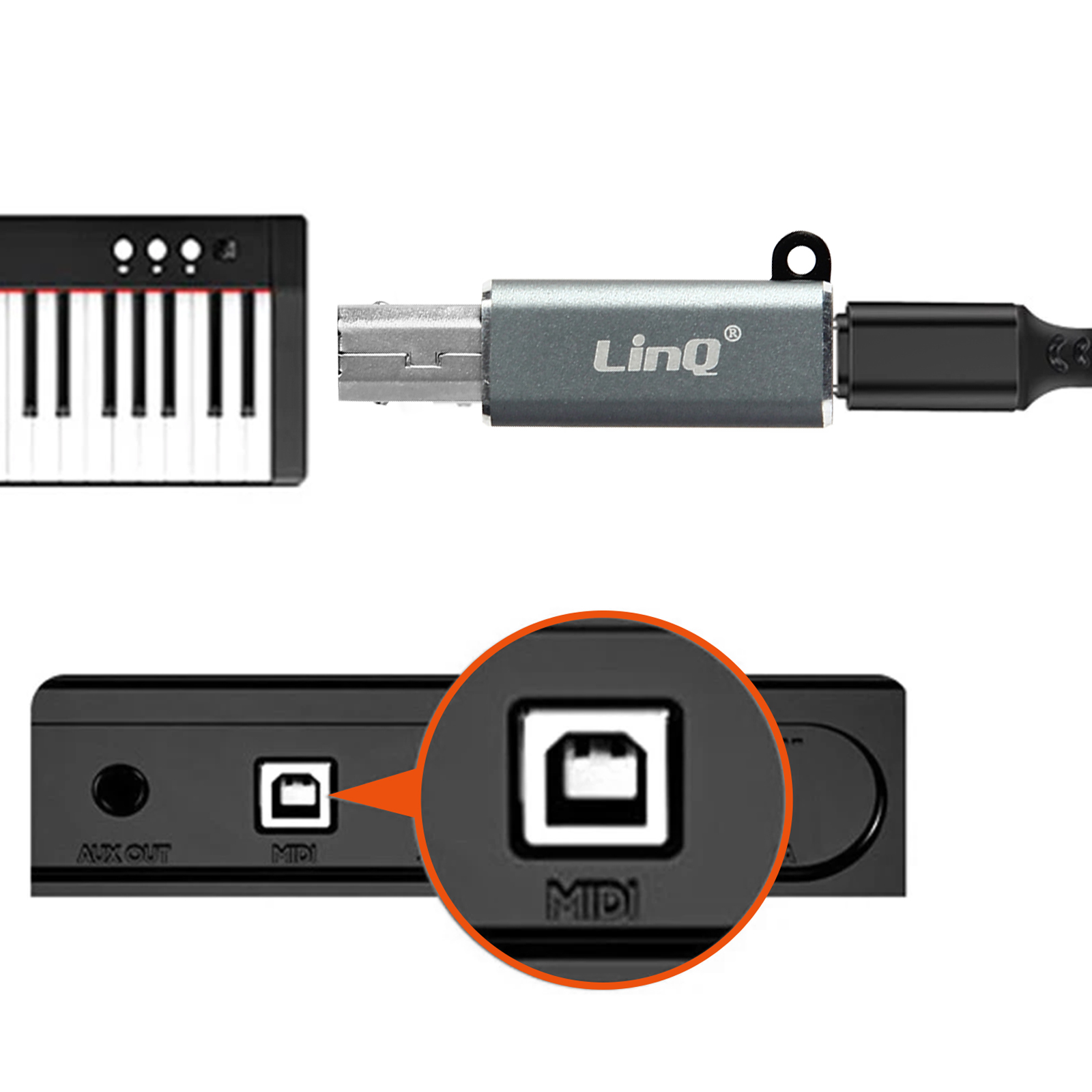 Un primo piano di una tastiera MIDI e un'interfaccia MIDI USB collegata.