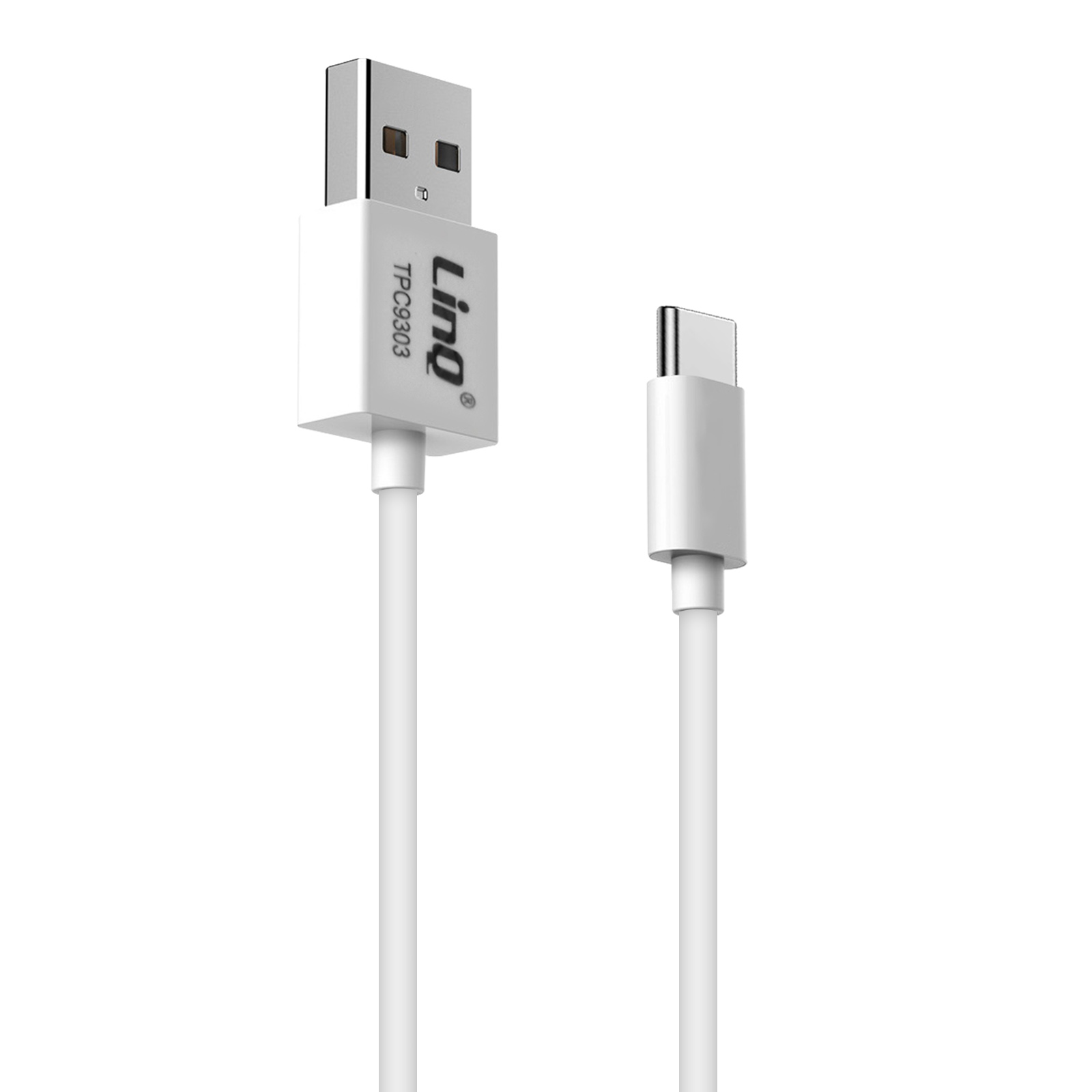 Cavo da USB a USB-C bianco, sfondo bianco.