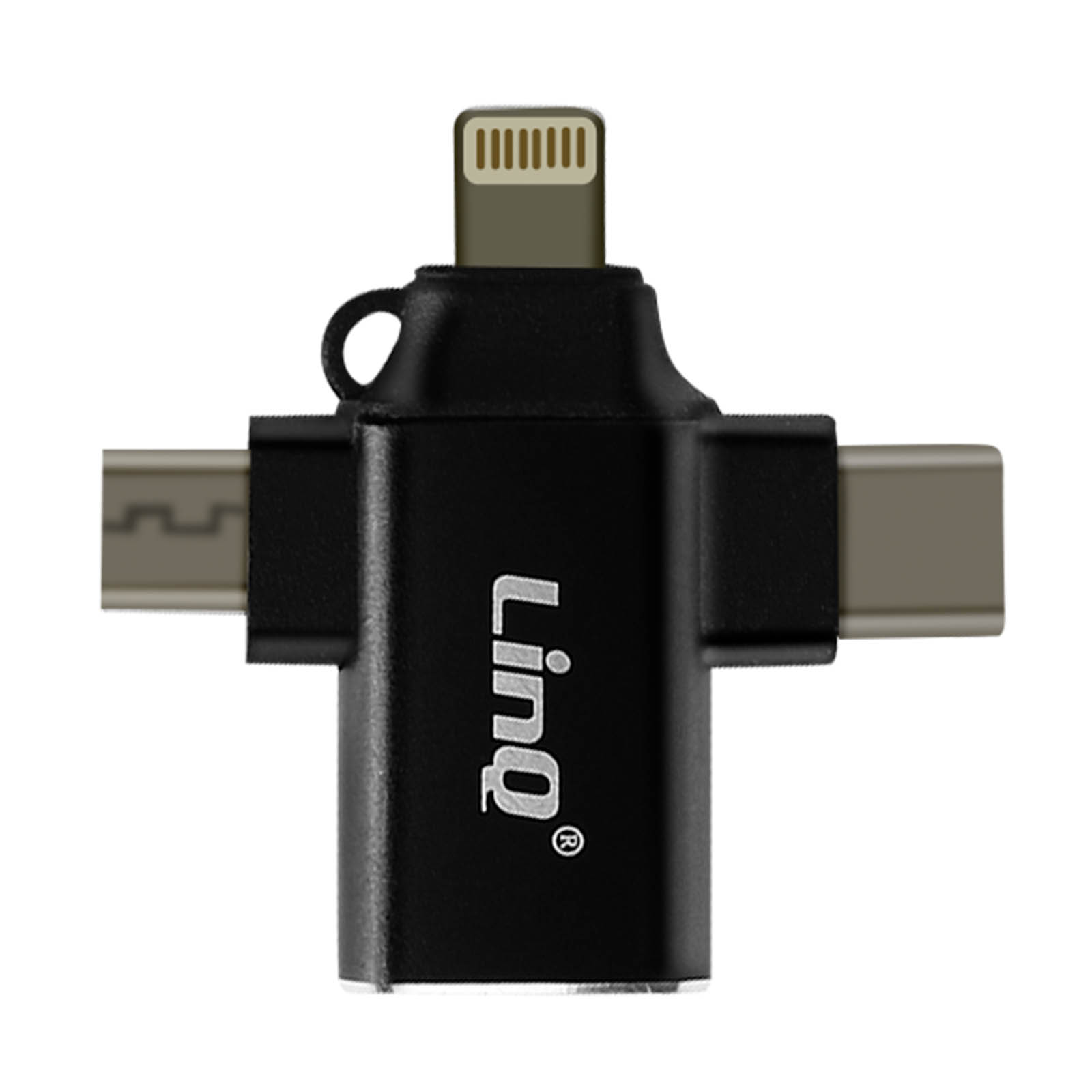 Ein schwarzer Multi-Anschluss mit Lightning-, USB-C- und Micro-USB-Anschlüssen.