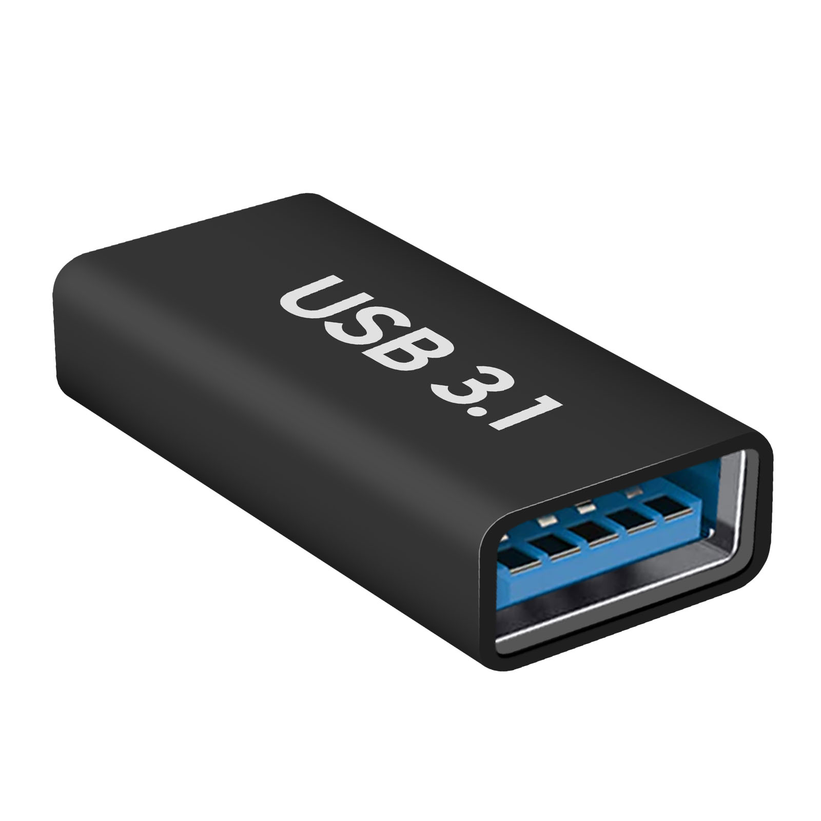 Adattatore USB 3.1 nero con connettore blu. Testo bianco su superficie nera.