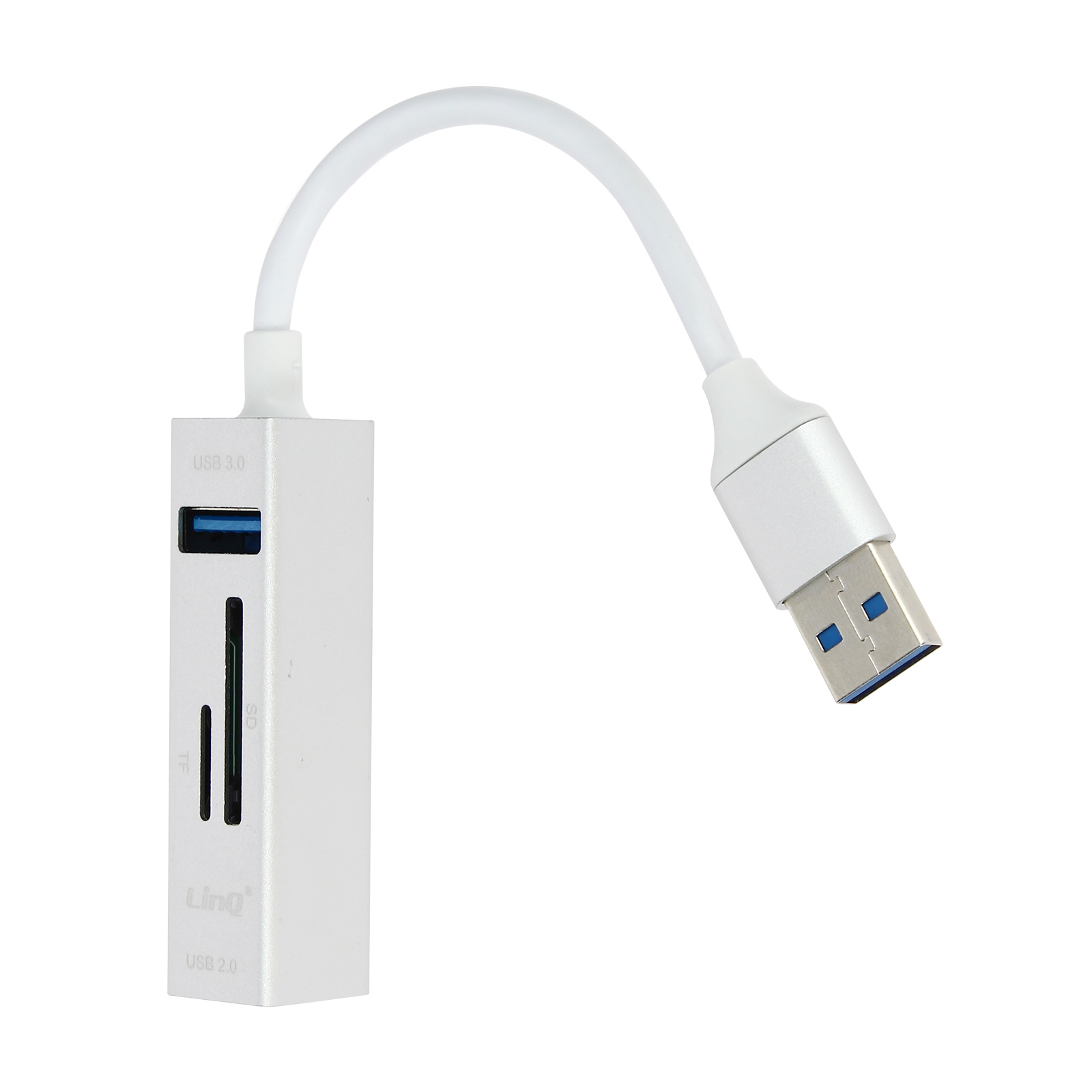 Adattatore USB 3.0 bianco con cavo, slot USB 2.0 e scheda SD.