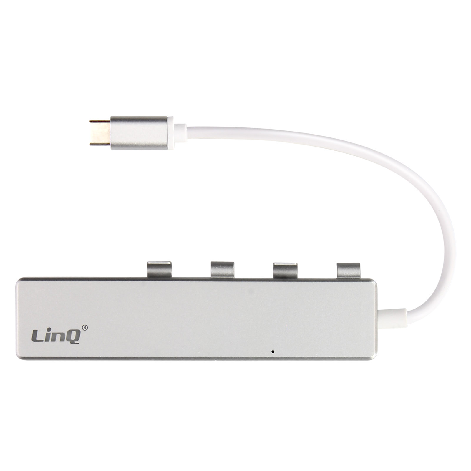 Hub USB-C argentato con porte e un cavo bianco. 'LinQ' è stampato sull'hub.