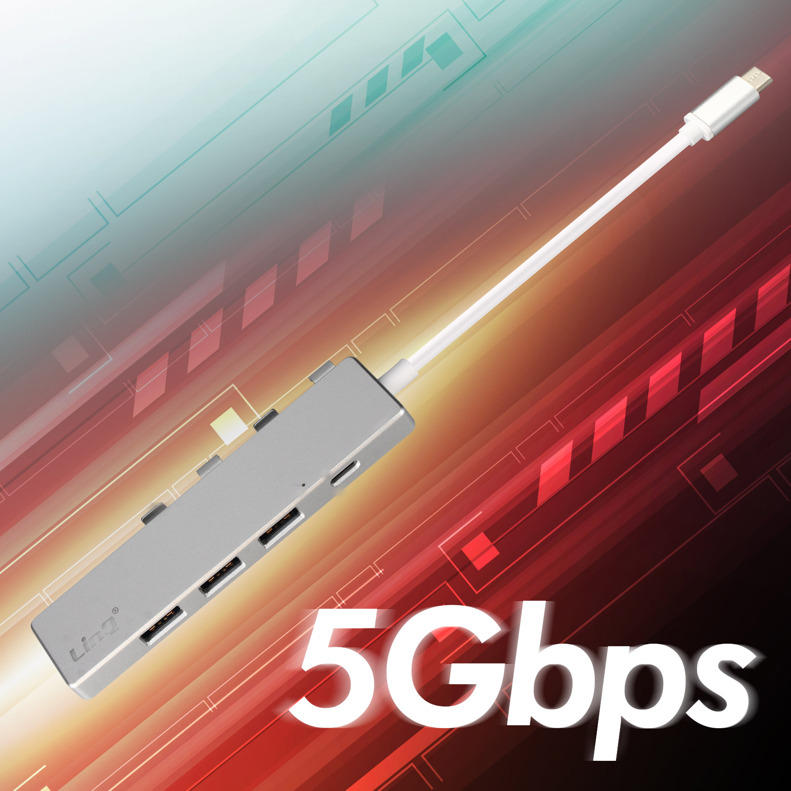 Un hub USB argentato con più porte, un cavo bianco e il testo "5 Gbps".